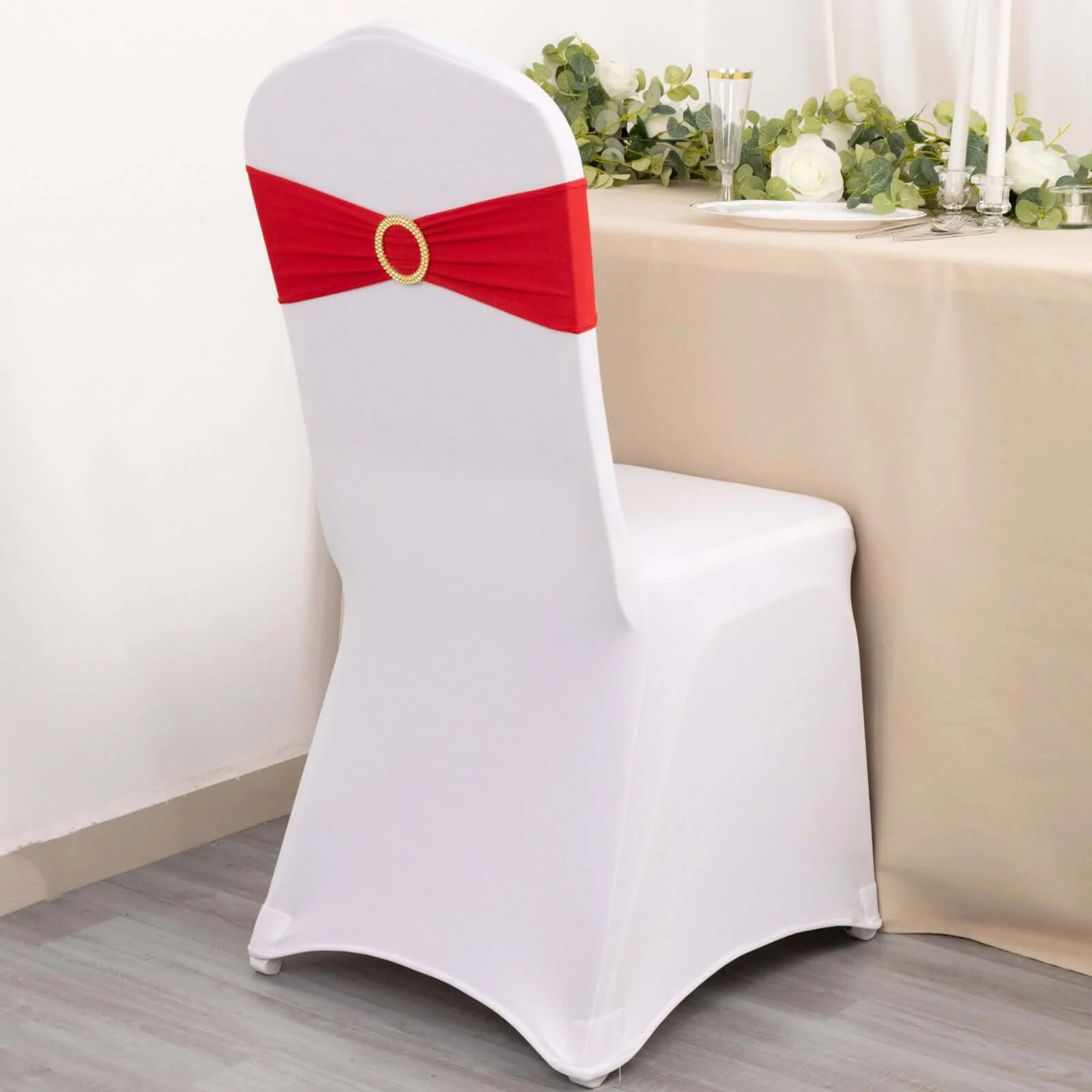 5 Pack Spandex Chair Sashes 5"x14" Red with Gold Rhinestone Buckles - Wrinkle-Free Stretch Chair Bands - Image 6