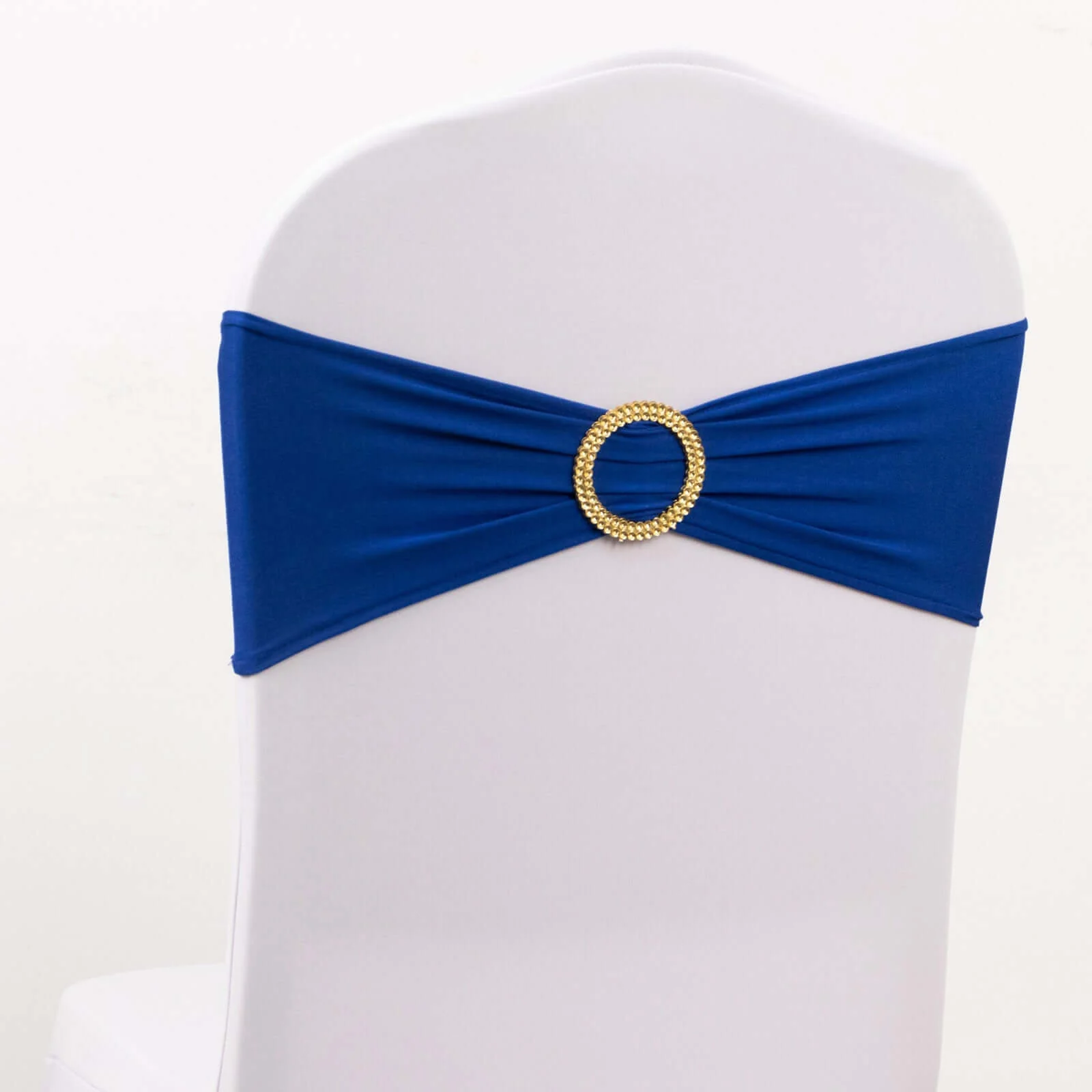 5 Pack Spandex Chair Sashes 5"x14" Royal Blue with Gold Rhinestone Buckles - Wrinkle-Free Stretch Chair Bands
