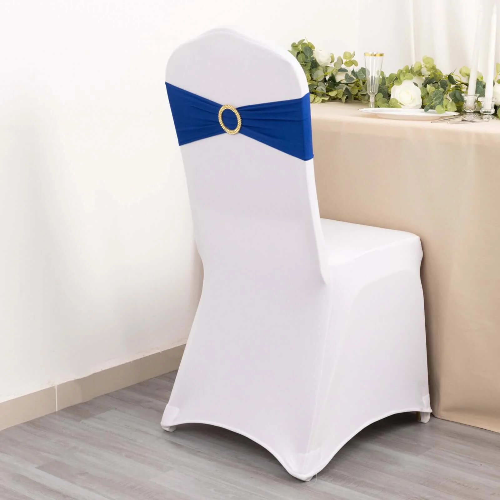 5 Pack Spandex Chair Sashes 5"x14" Royal Blue with Gold Rhinestone Buckles - Wrinkle-Free Stretch Chair Bands - Image 5
