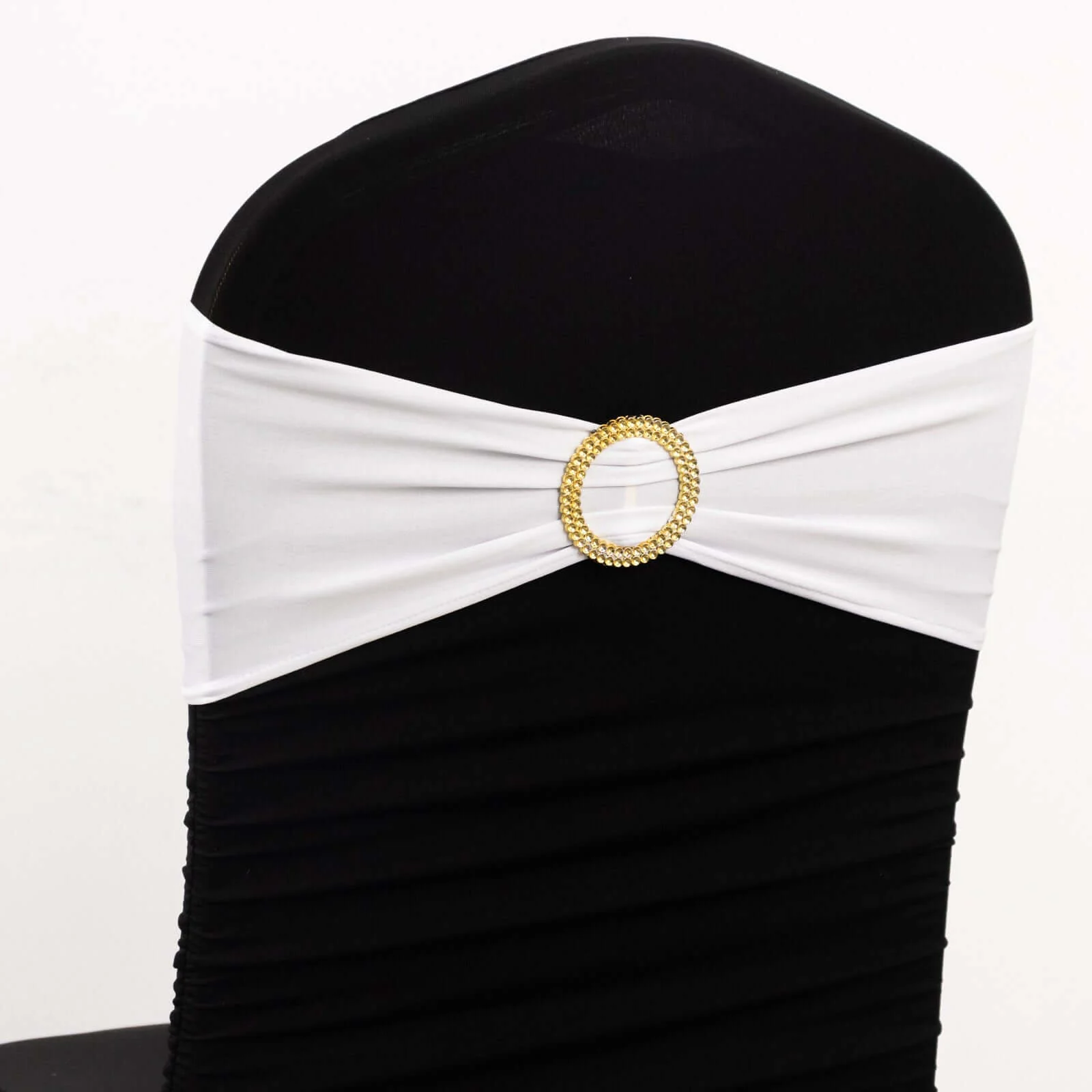 5 Pack Spandex Chair Sashes 5"x14" White with Gold Rhinestone Buckles - Stylish Wrinkle-Free Stretch Chair Bands Event Decorations