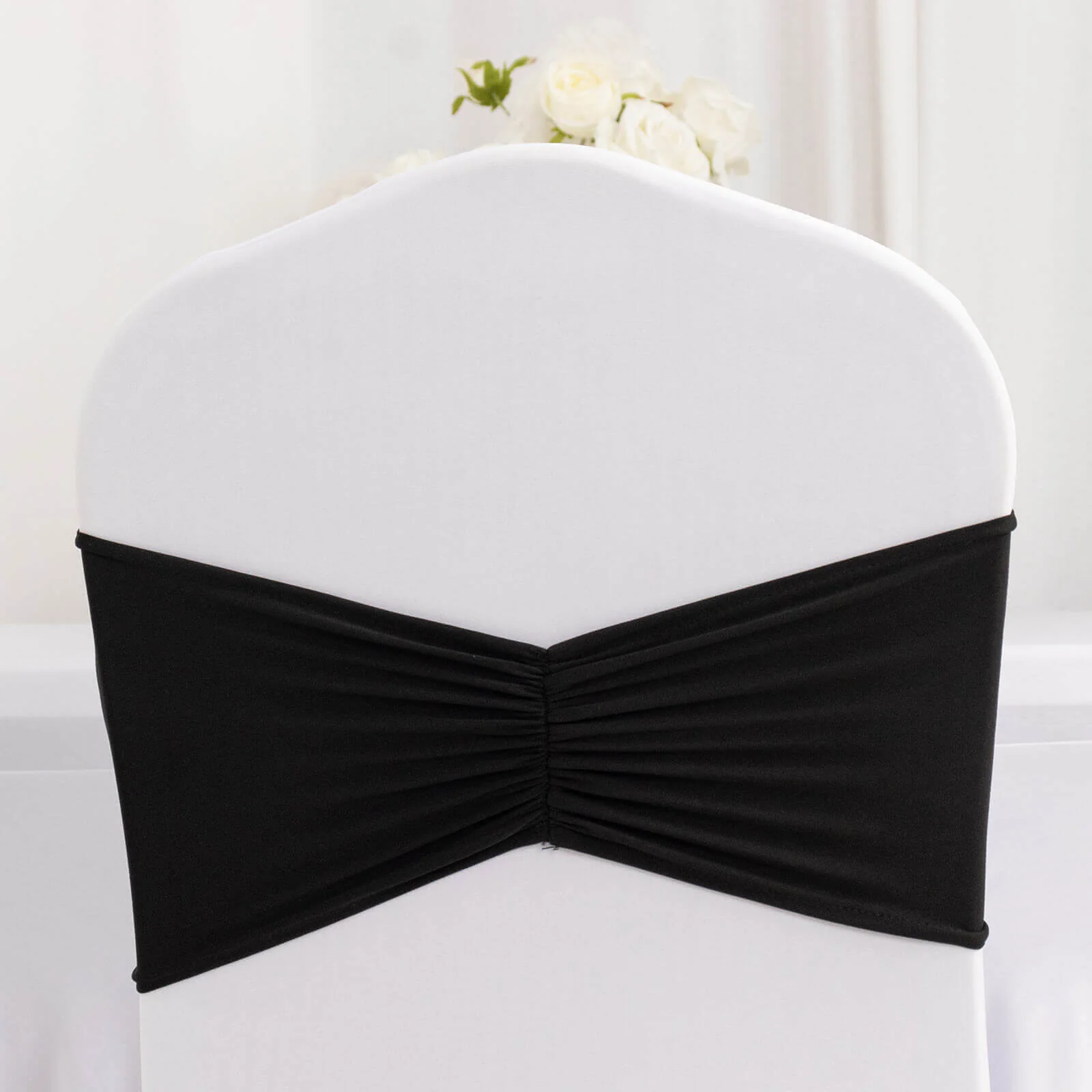 5 Pack Spandex Chair Sashes 8"x13" Black Ruffled Style - Wide Wrinkle-Free Stretch Chair Bands