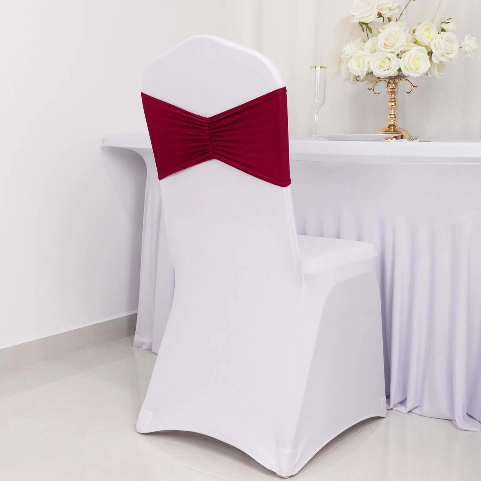5 Pack Spandex Chair Sashes 8"x13" Burgundy Ruffled Style - Wide Wrinkle-Free Stretch Chair Bands - Image 2