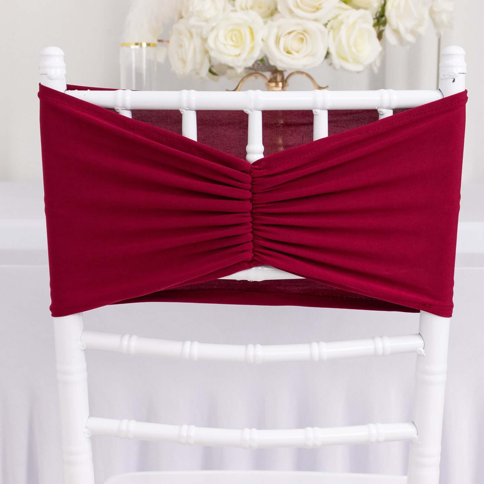 5 Pack Spandex Chair Sashes 8"x13" Burgundy Ruffled Style - Wide Wrinkle-Free Stretch Chair Bands - Image 3