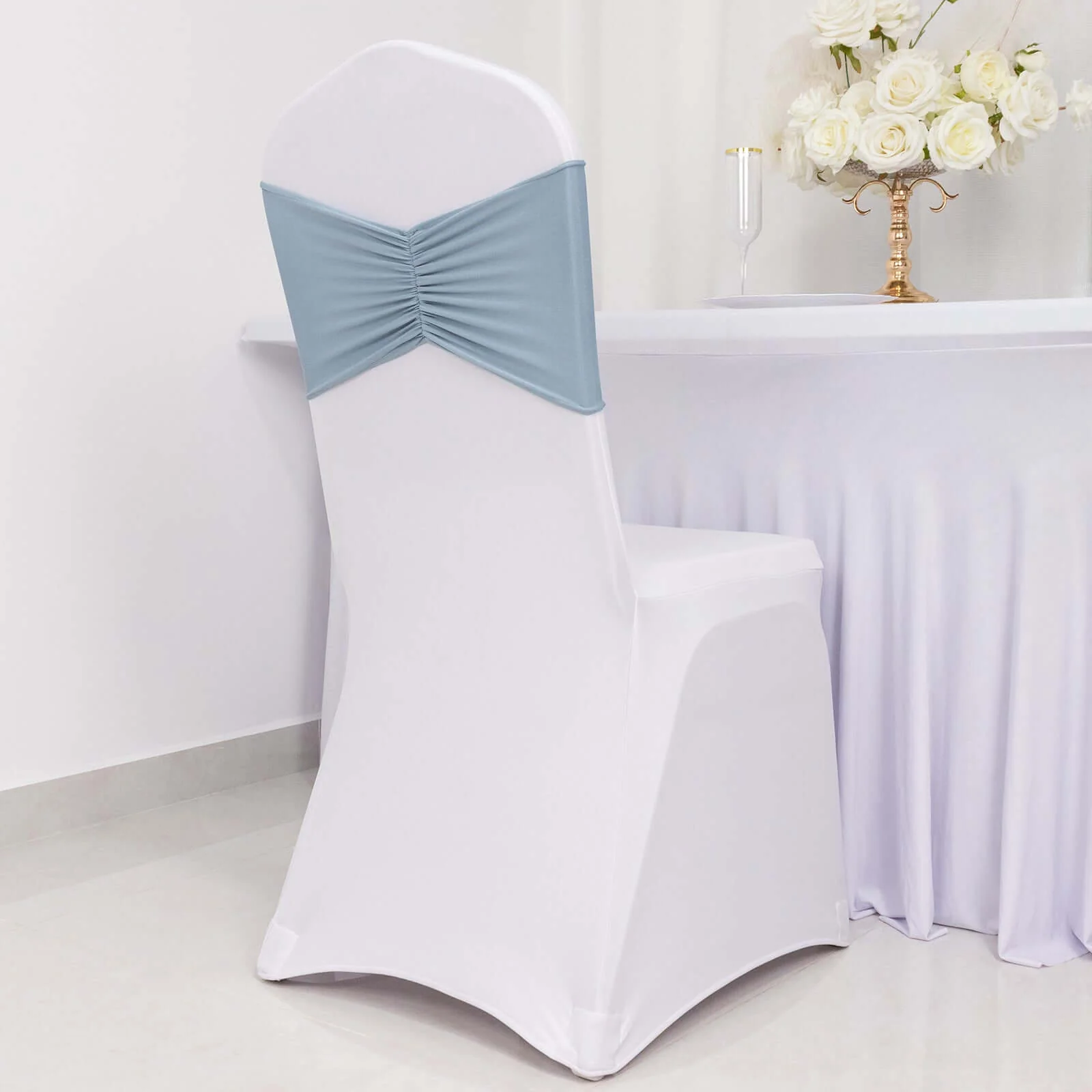 5 Pack Spandex Chair Sashes 8"x13" Dusty Blue Ruffled Style - Wide Wrinkle-Free Stretch Chair Bands - Image 2