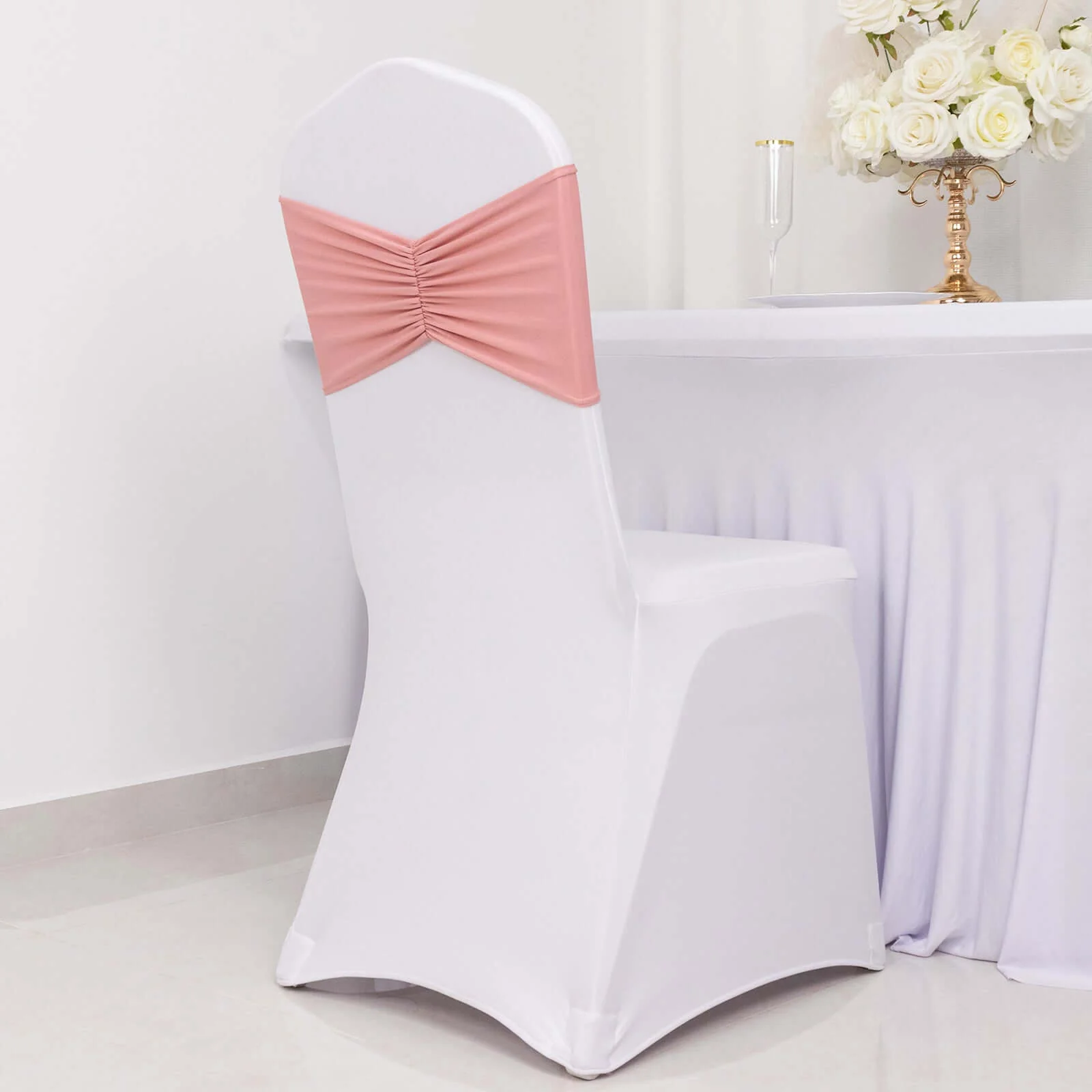 5 Pack Spandex Chair Sashes 8"x13" Dusty Rose Ruffled Style - Wide Wrinkle-Free Stretch Chair Bands - Image 2