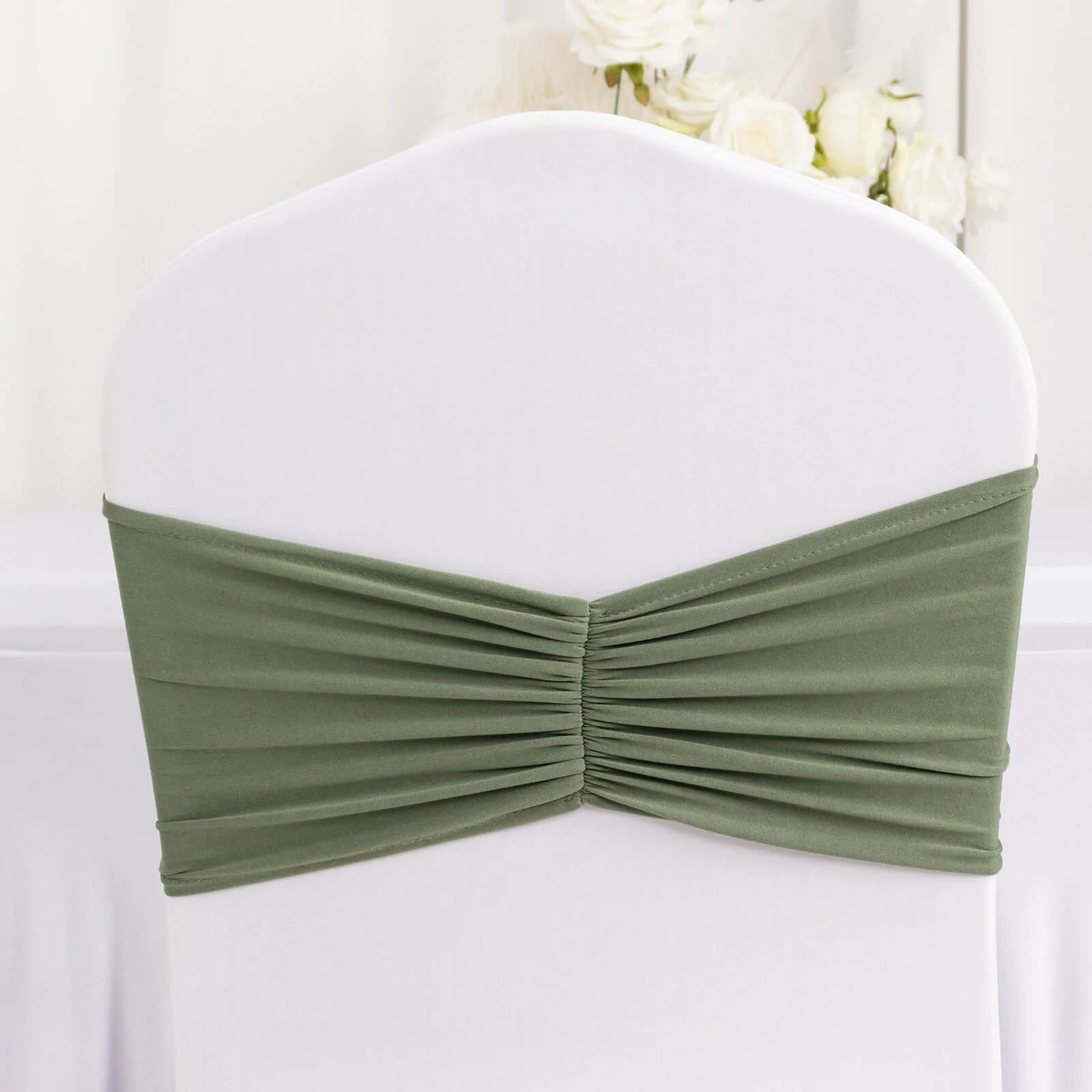 5 Pack Spandex Chair Sashes 8"x13" Dusty Sage Green Ruffled Style - Wide Wrinkle-Free Stretch Chair Bands