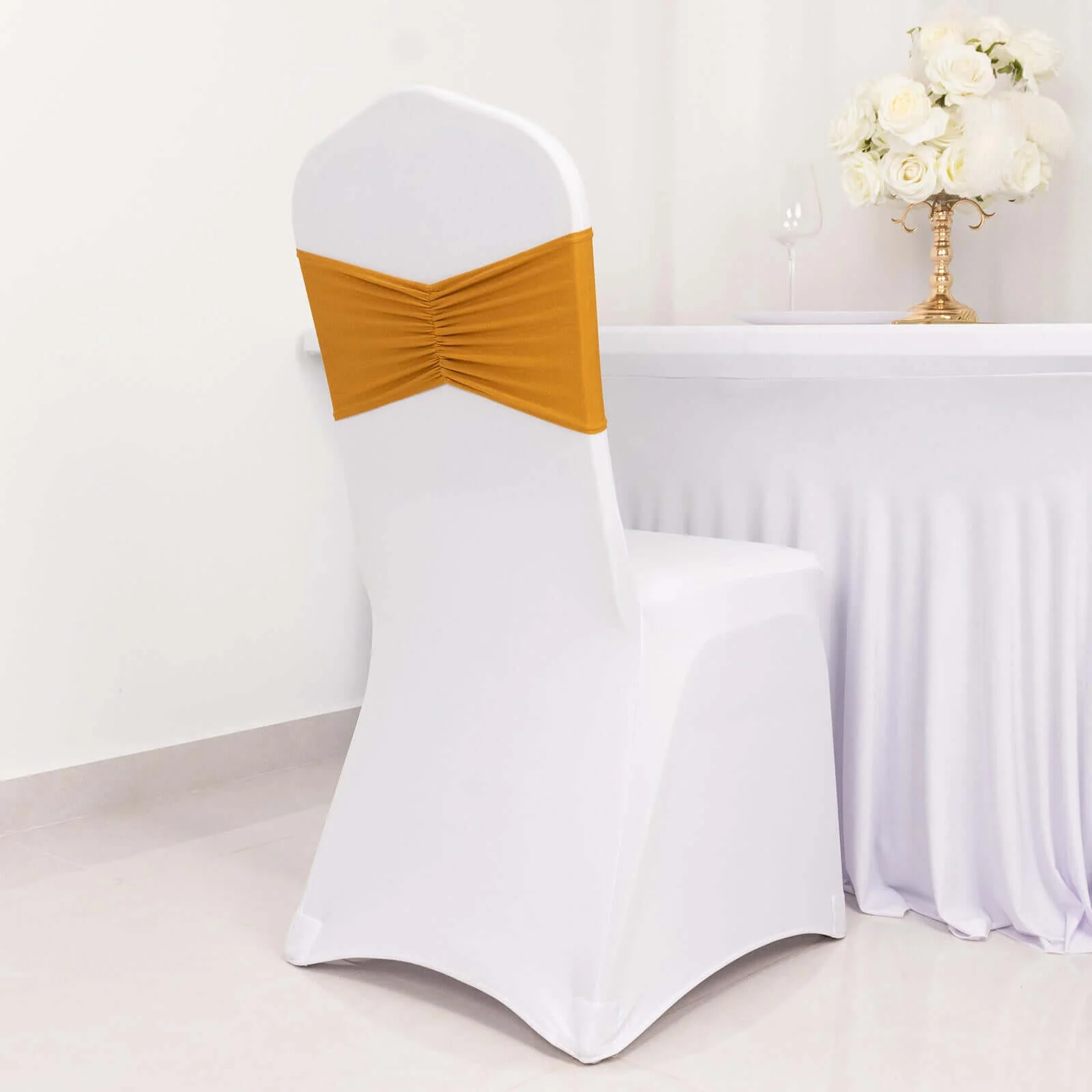 5 Pack Spandex Chair Sashes 8"x13" Gold Ruffled Style - Wide Wrinkle-Free Stretch Chair Bands for Professional-Looking Setups - Image 2