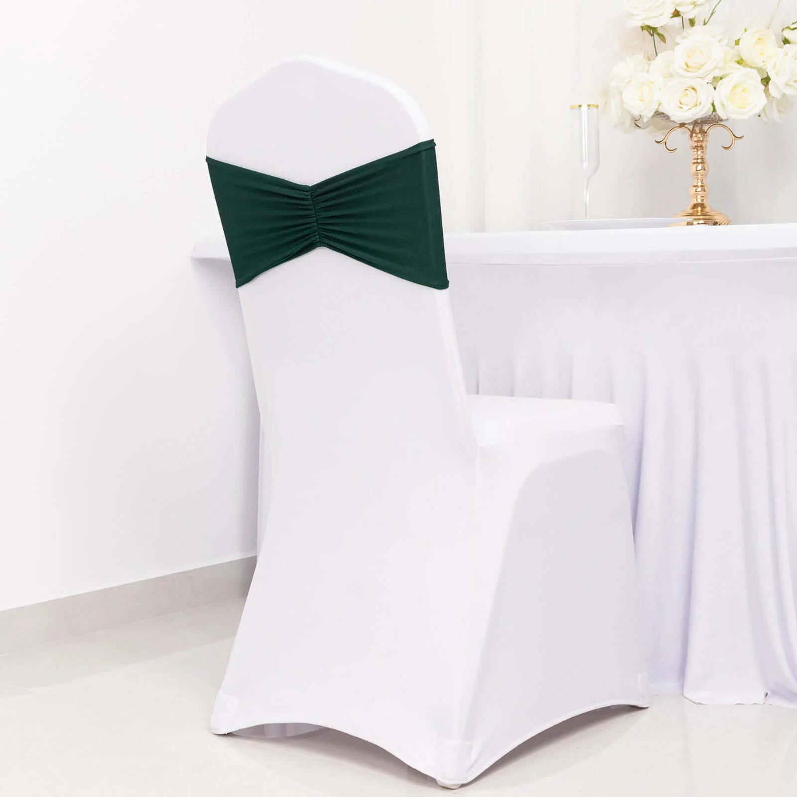 5 Pack Spandex Chair Sashes 8"x13" Hunter Emerald Green Ruffled Style - Wide Wrinkle-Free Stretch Chair Bands - Image 2