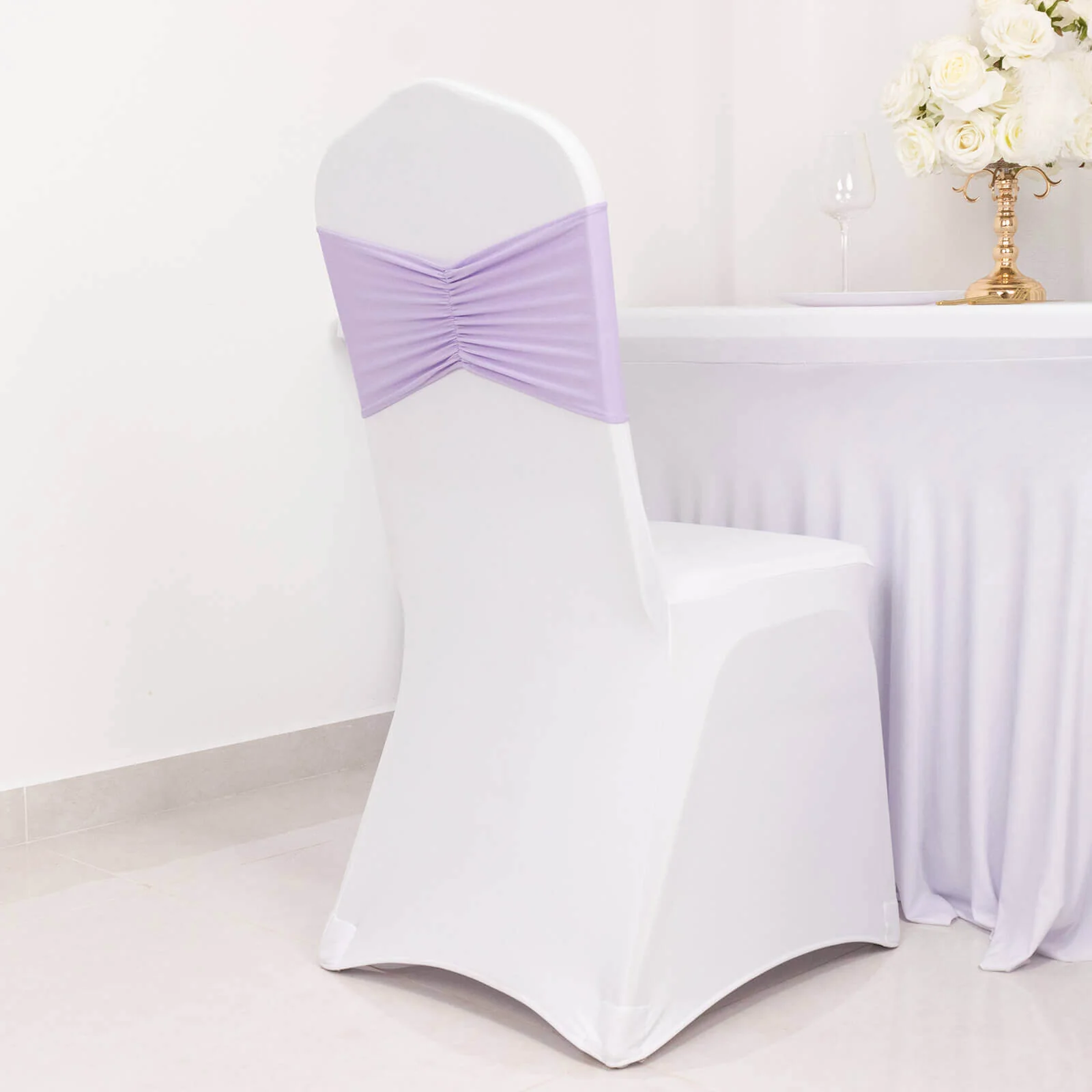 5 Pack Spandex Chair Sashes 8"x13" Lavender Lilac Ruffled Style - Wide Wrinkle-Free Stretch Chair Bands - Image 2