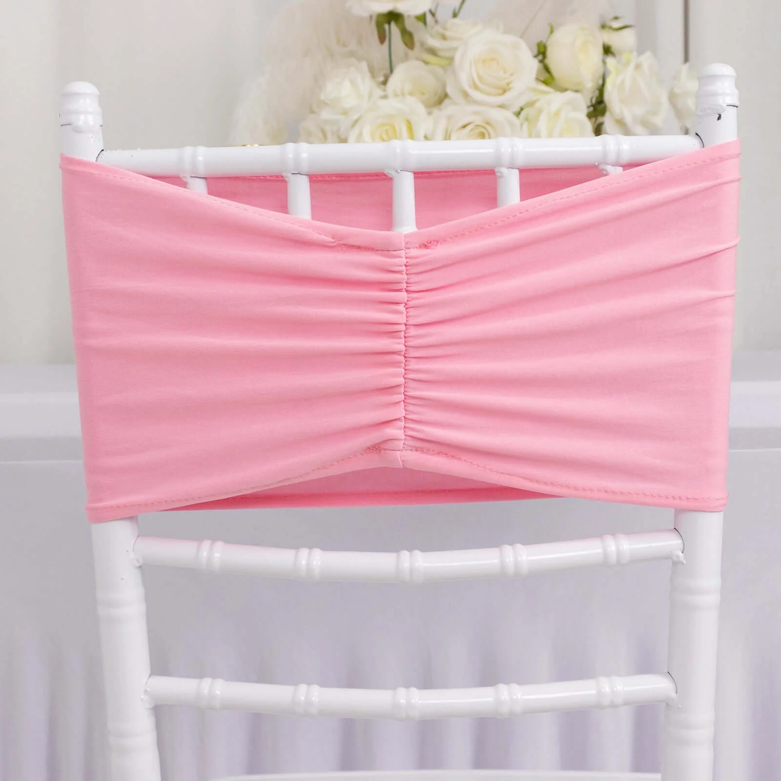 5 Pack Spandex Chair Sashes 8"x13" Pink Ruffled Style - Wide Wrinkle-Free Stretch Chair Bands - Image 3