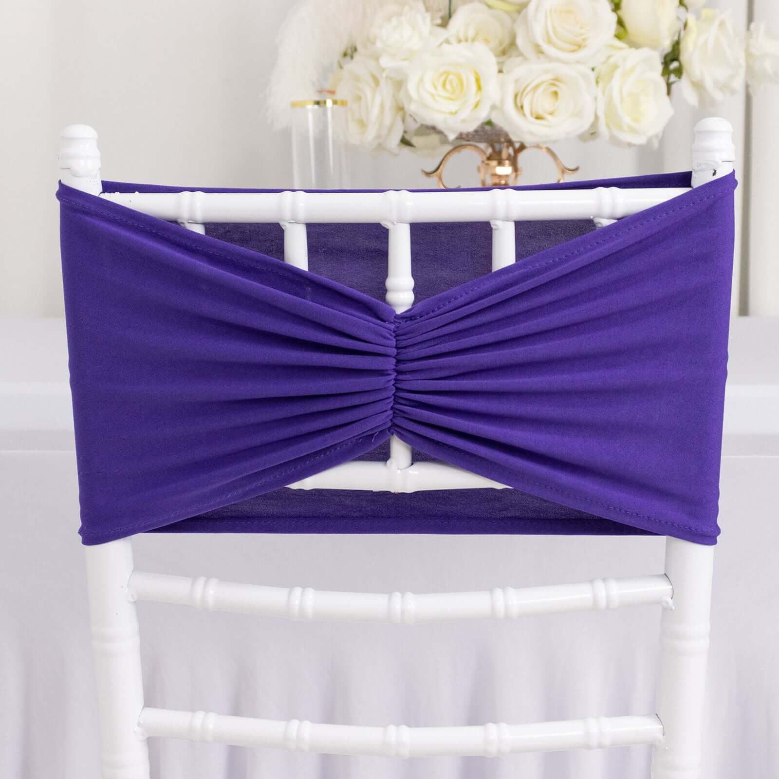 5 Pack Spandex Chair Sashes 8"x13" Purple Ruffled Style - Wide Wrinkle-Free Stretch Chair Bands - Image 3
