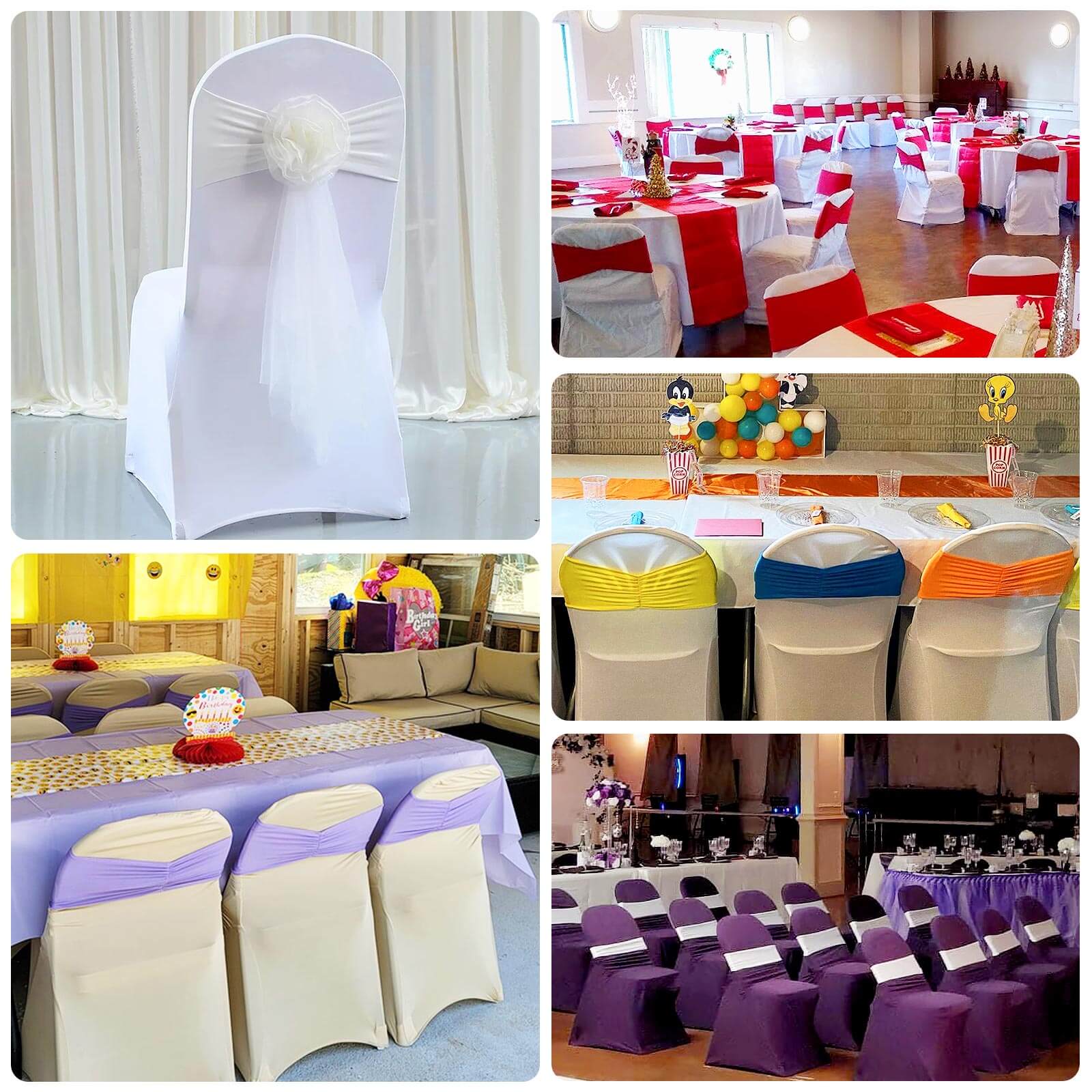5 Pack Spandex Chair Sashes 8"x13" Purple Ruffled Style - Wide Wrinkle-Free Stretch Chair Bands - Image 5