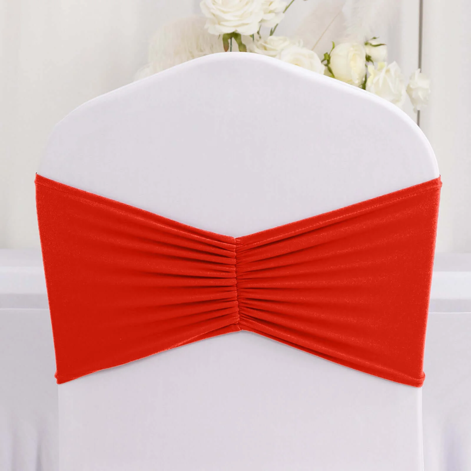 5 Pack Spandex Chair Sashes 8"x13" Red Ruffled Style - Wide Wrinkle-Free Stretch Chair Bands