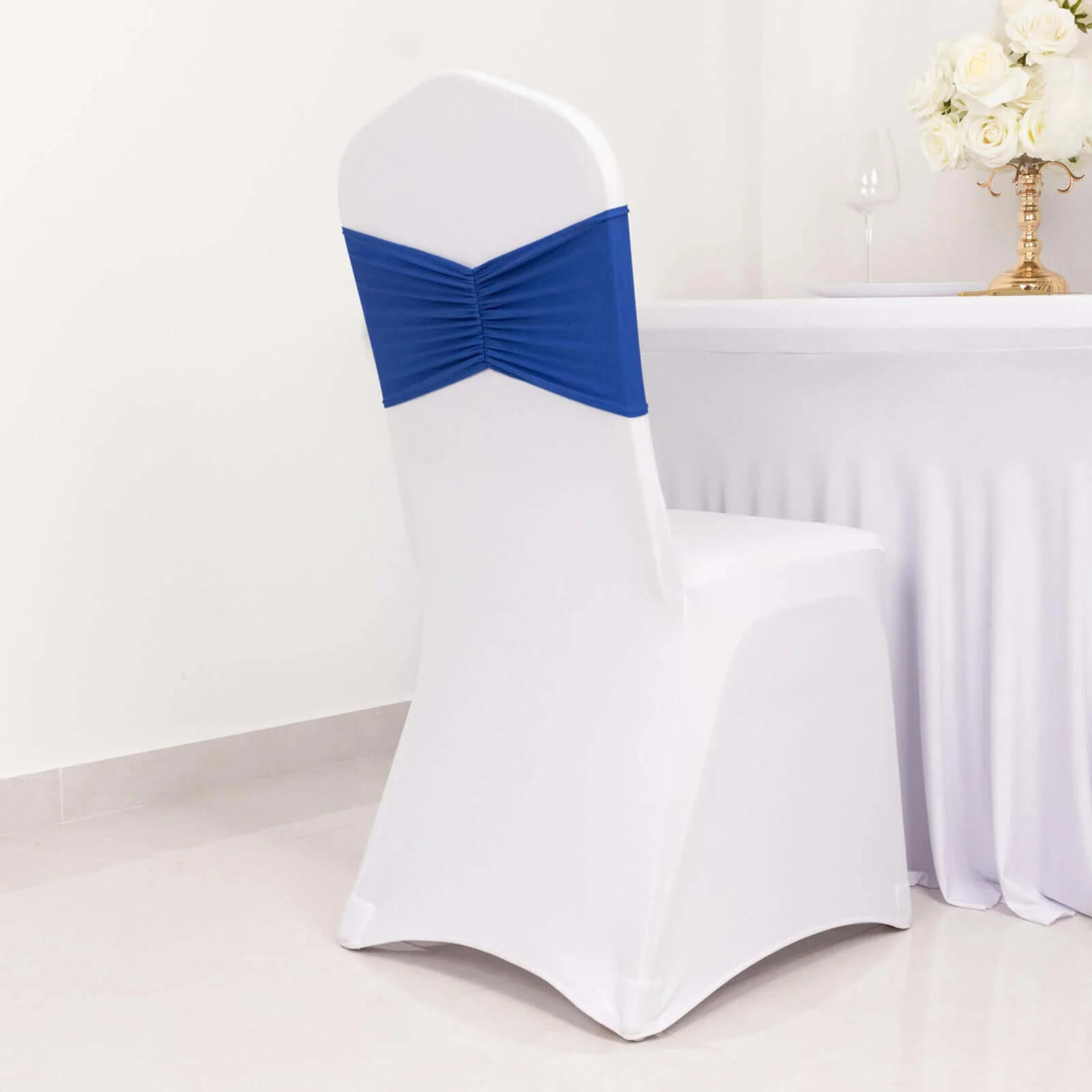 5 Pack Spandex Chair Sashes 8"x13" Royal Blue Ruffled Style - Wide Wrinkle-Free Stretch Chair Bands - Image 2