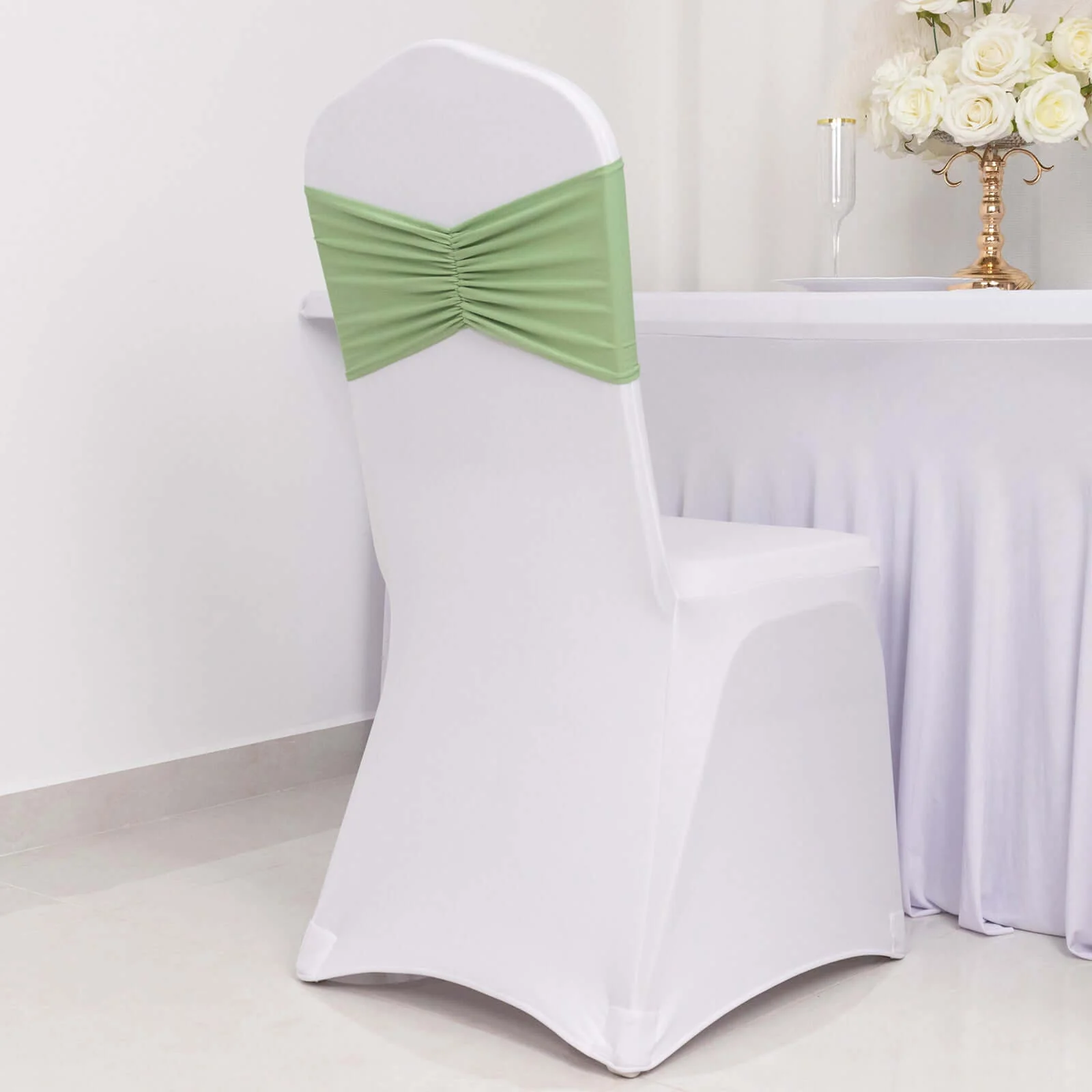 5 Pack Spandex Chair Sashes 8"x13" Sage Green Ruffled Style - Wide Wrinkle-Free Stretch Chair Bands - Image 2