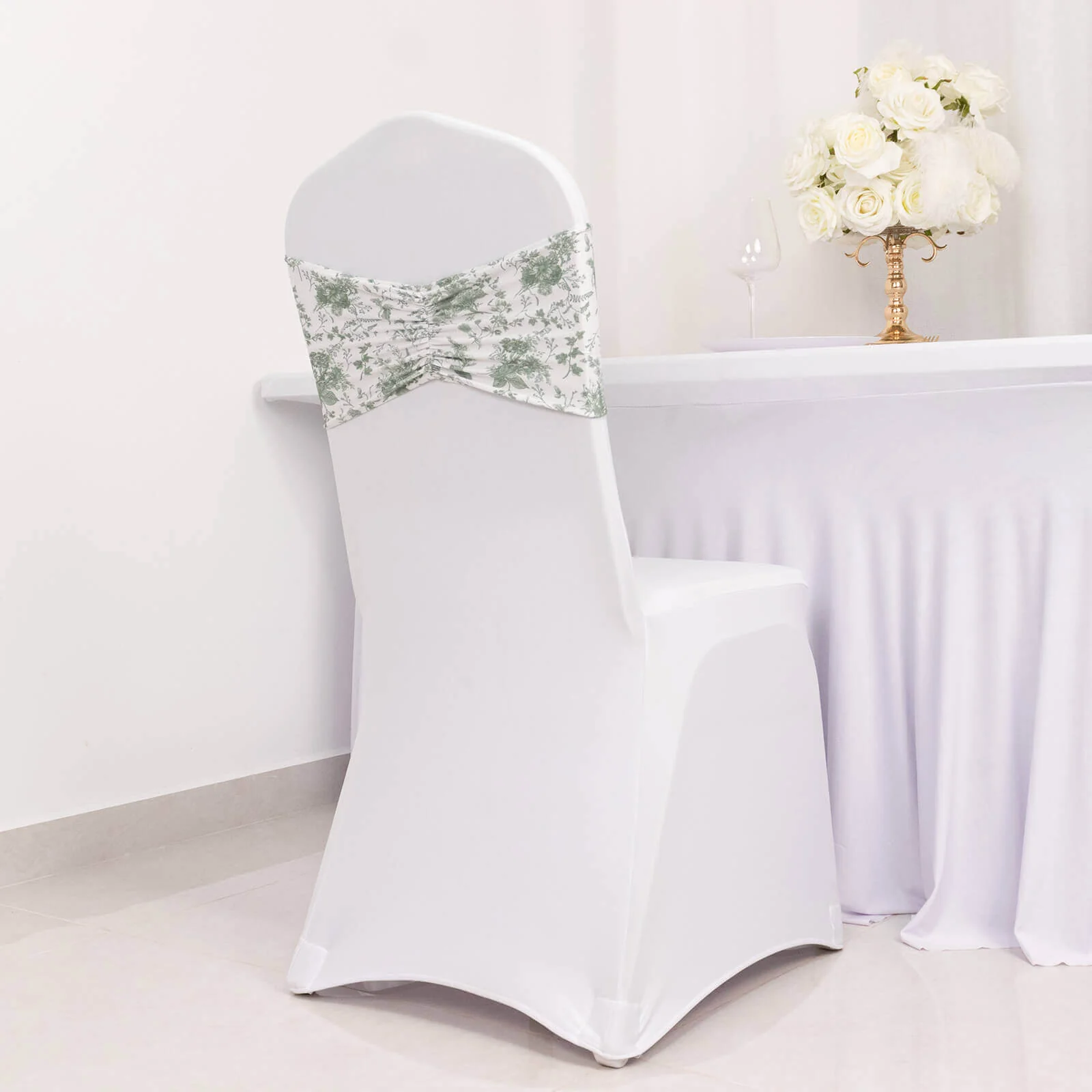 5 Pack Spandex Chair Sashes 8"x13" White/Dusty Sage Green French Toile Floral Pattern - Wide Durable Ruffled Stretch Chair Bands - Image 2