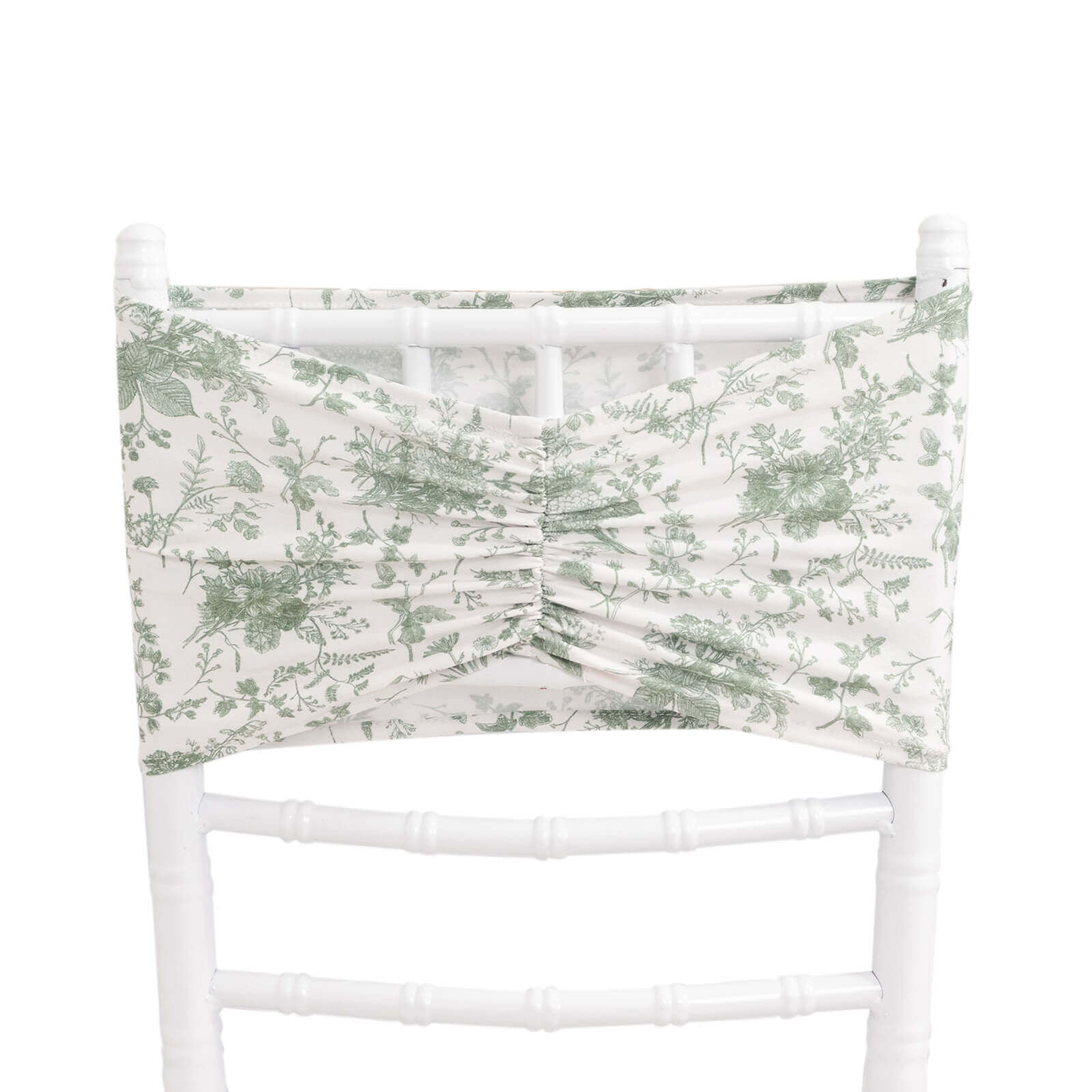 5 Pack Spandex Chair Sashes 8"x13" White/Dusty Sage Green French Toile Floral Pattern - Wide Durable Ruffled Stretch Chair Bands - Image 3