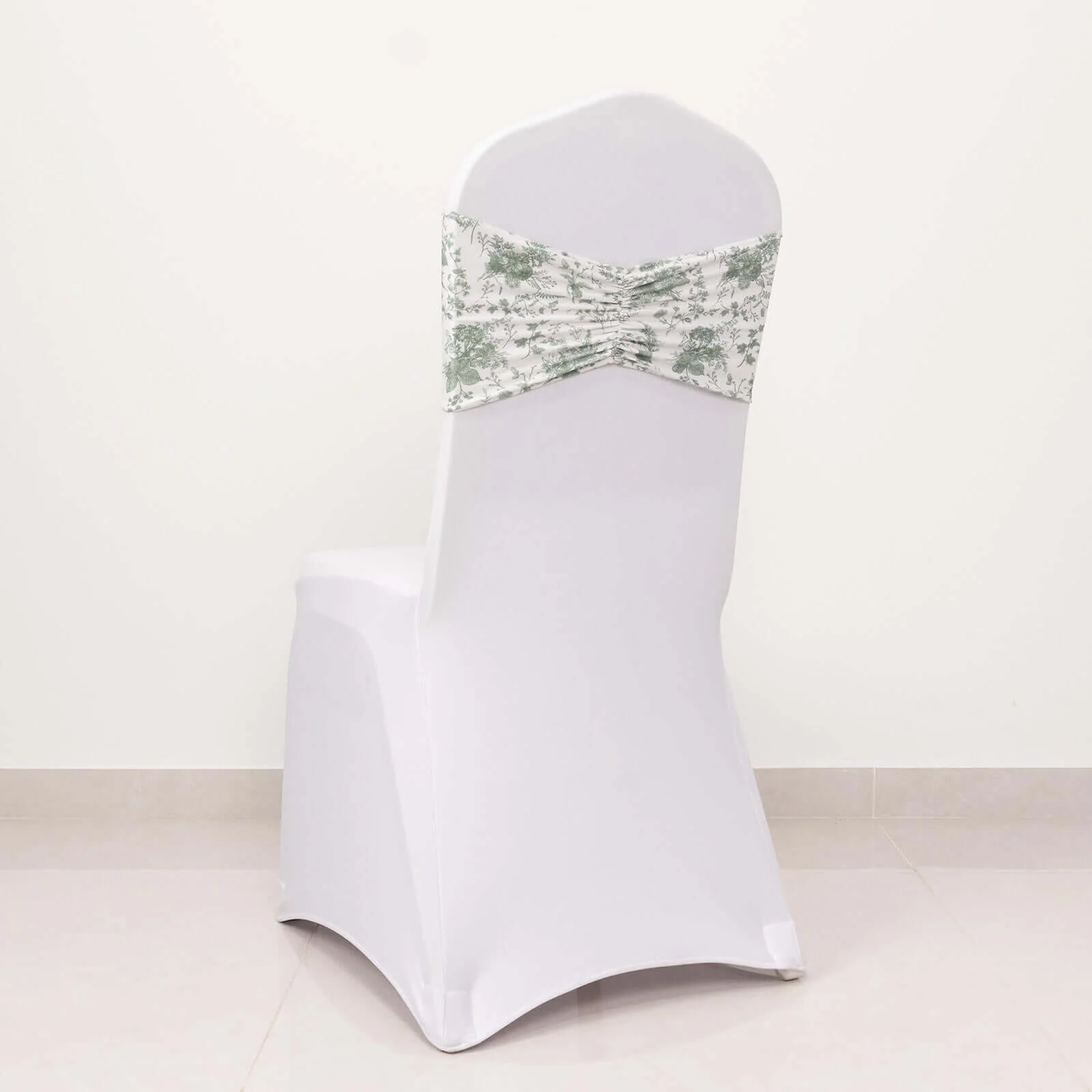 5 Pack Spandex Chair Sashes 8"x13" White/Dusty Sage Green French Toile Floral Pattern - Wide Durable Ruffled Stretch Chair Bands - Image 4