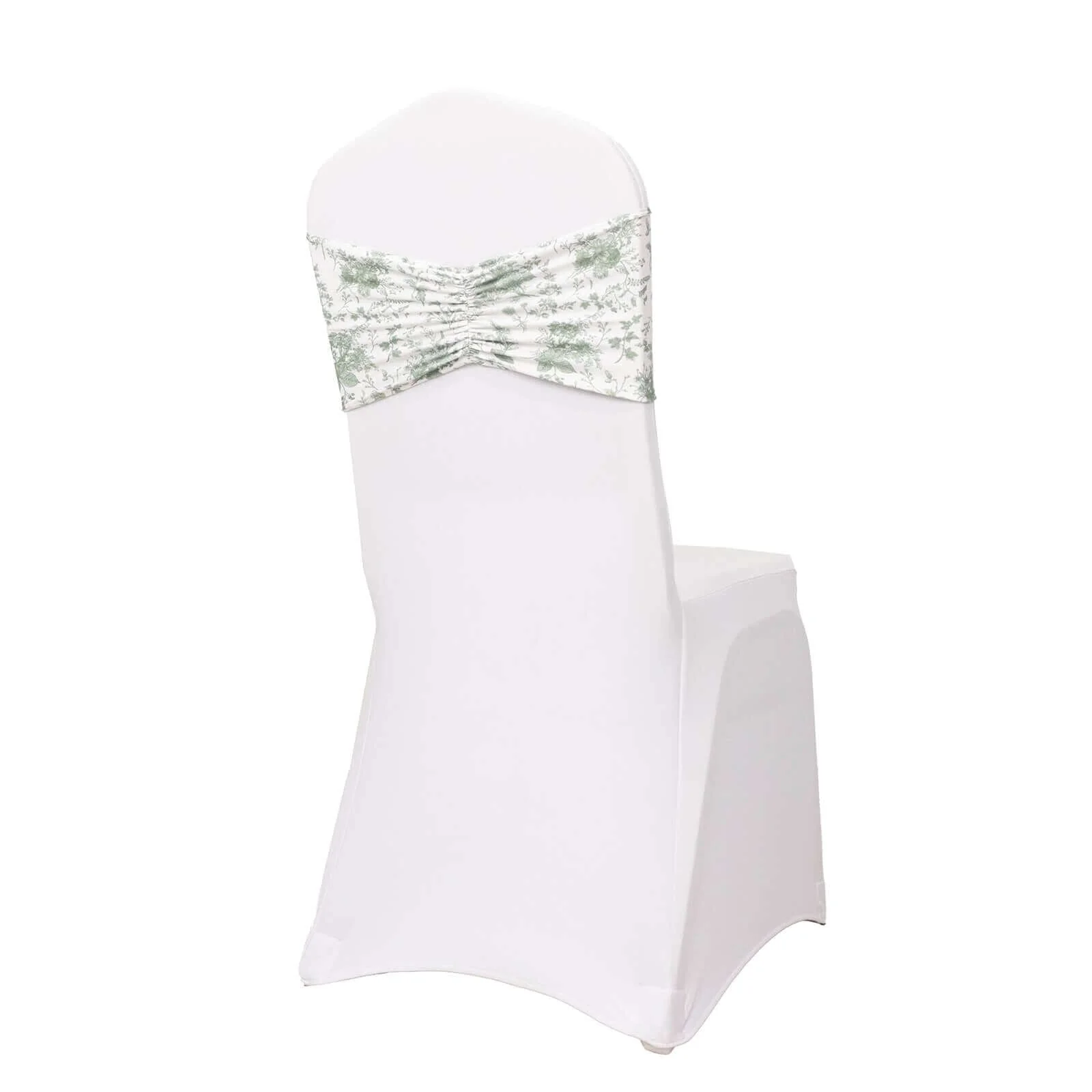 5 Pack Spandex Chair Sashes 8"x13" White/Dusty Sage Green French Toile Floral Pattern - Wide Durable Ruffled Stretch Chair Bands - Image 5
