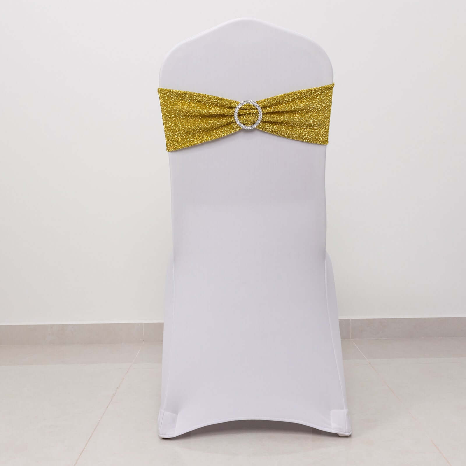 5 Pack Spandex Chair Sashes Gold Shimmer Tinsel 5"x12" with Silver Rhinestone Buckles - Stylish Design for Events - Image 2