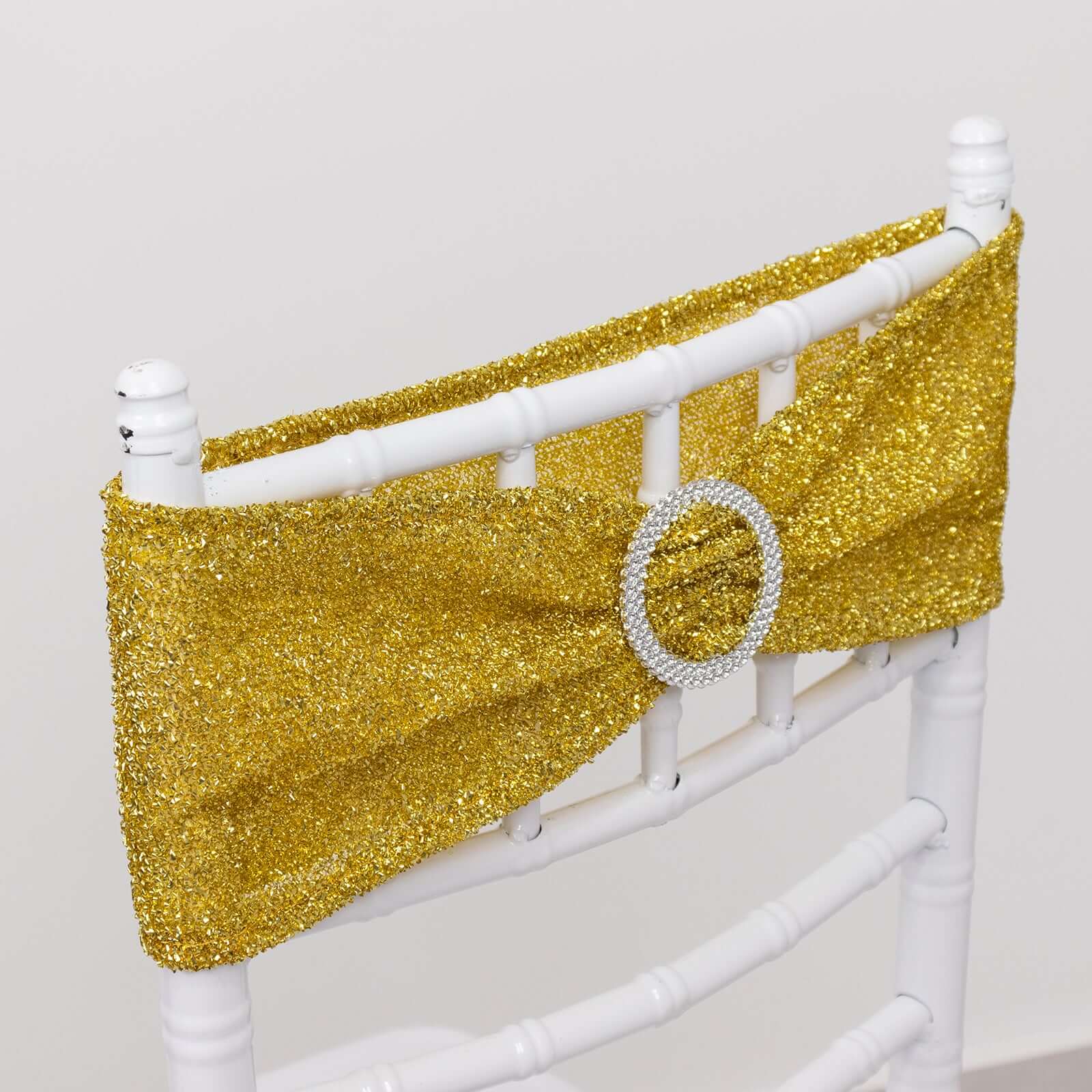 5 Pack Spandex Chair Sashes Gold Shimmer Tinsel 5"x12" with Silver Rhinestone Buckles - Stylish Design for Events - Image 6
