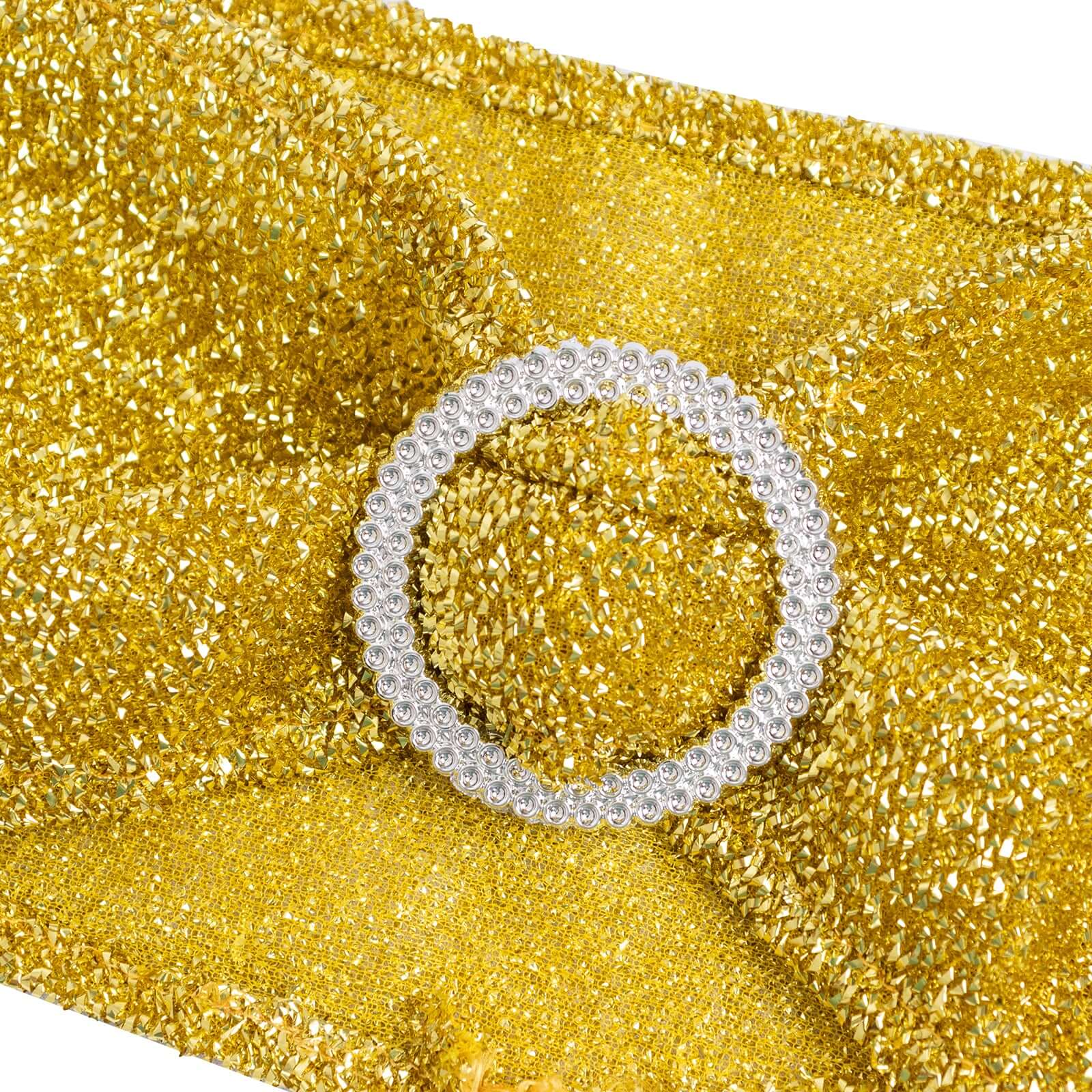 5 Pack Spandex Chair Sashes Gold Shimmer Tinsel 5"x12" with Silver Rhinestone Buckles - Stylish Design for Events - Image 8