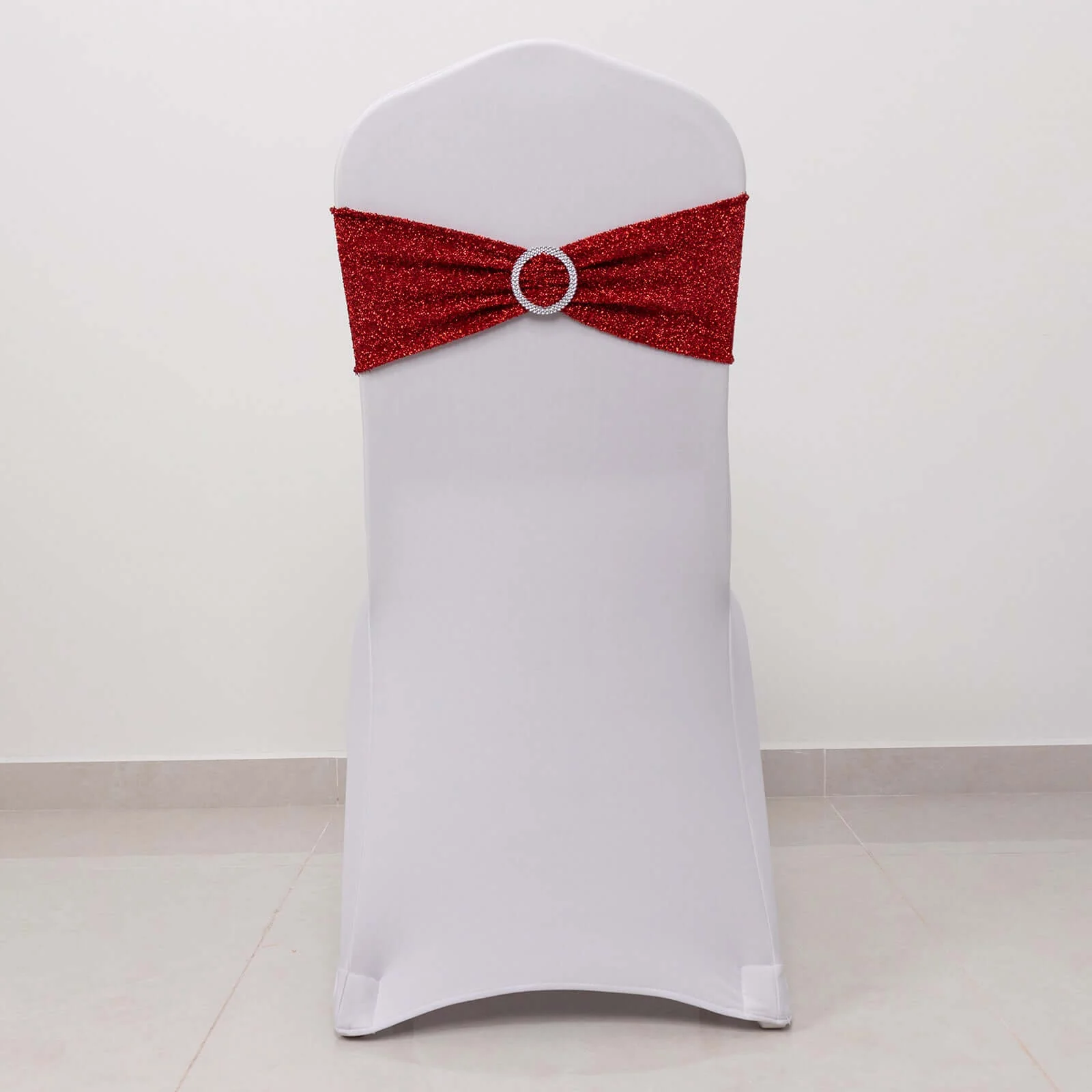 5 Pack Spandex Chair Sashes Red Shimmer Tinsel 5"x12" with Silver Rhinestone Buckles - Stylish Design - Image 2