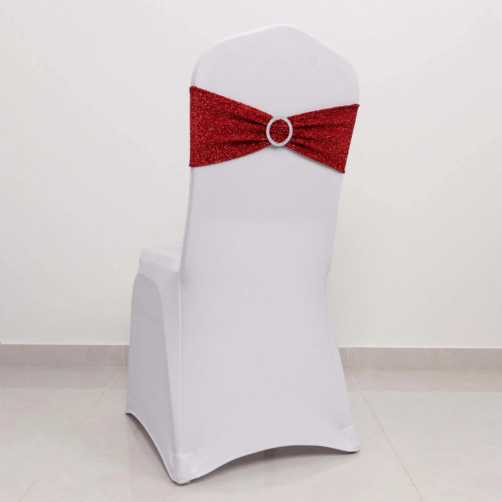 5 Pack Spandex Chair Sashes Red Shimmer Tinsel 5"x12" with Silver Rhinestone Buckles - Stylish Design - Image 6