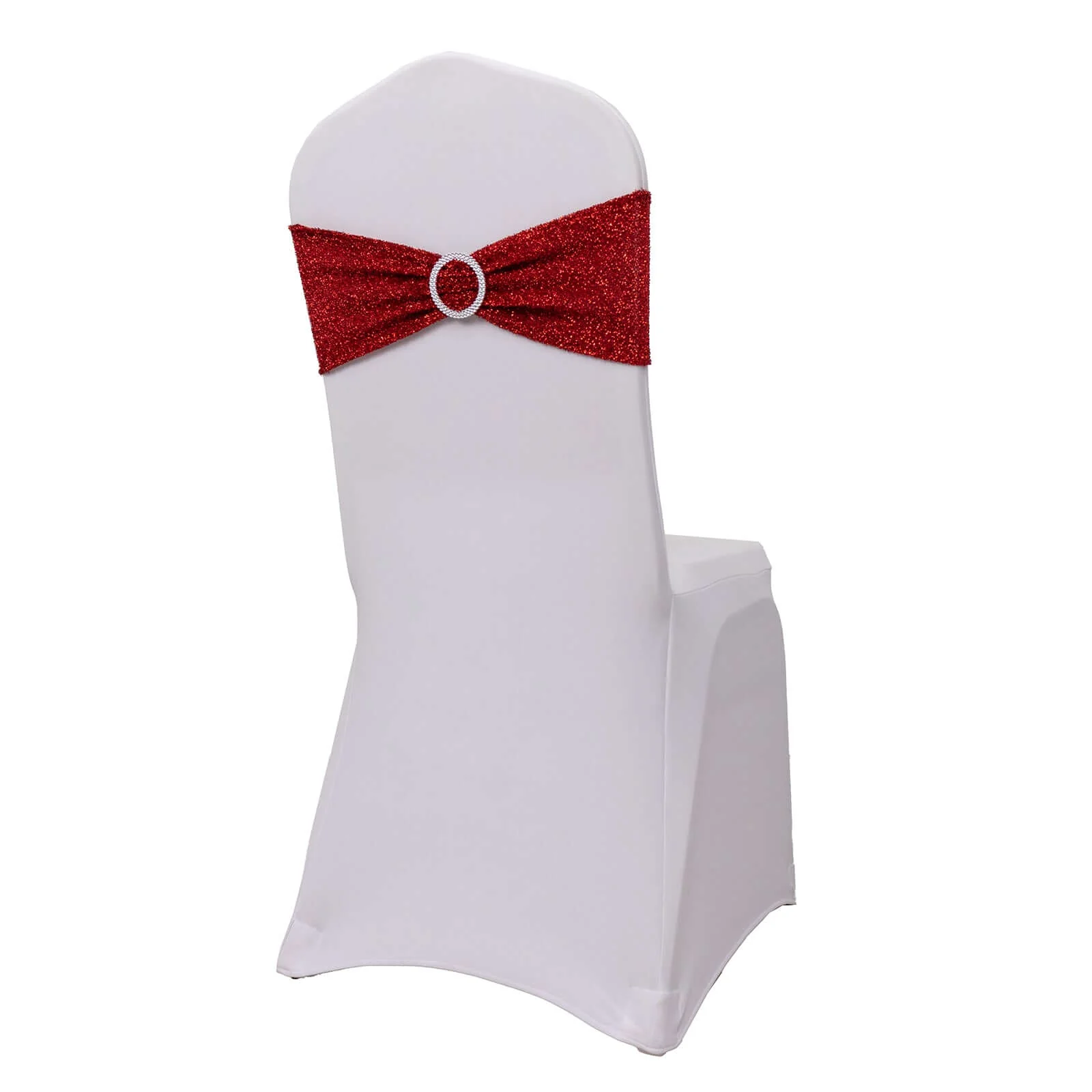 5 Pack Spandex Chair Sashes Red Shimmer Tinsel 5"x12" with Silver Rhinestone Buckles - Stylish Design - Image 7