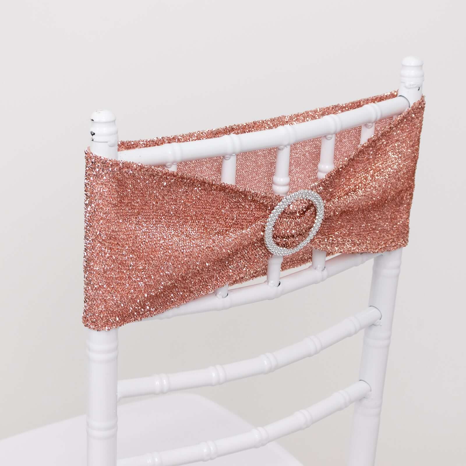 5 Pack Spandex Chair Sashes Rose Gold Shimmer Tinsel 5"x12" with Silver Rhinestone Buckles - Stylish Design - Image 6