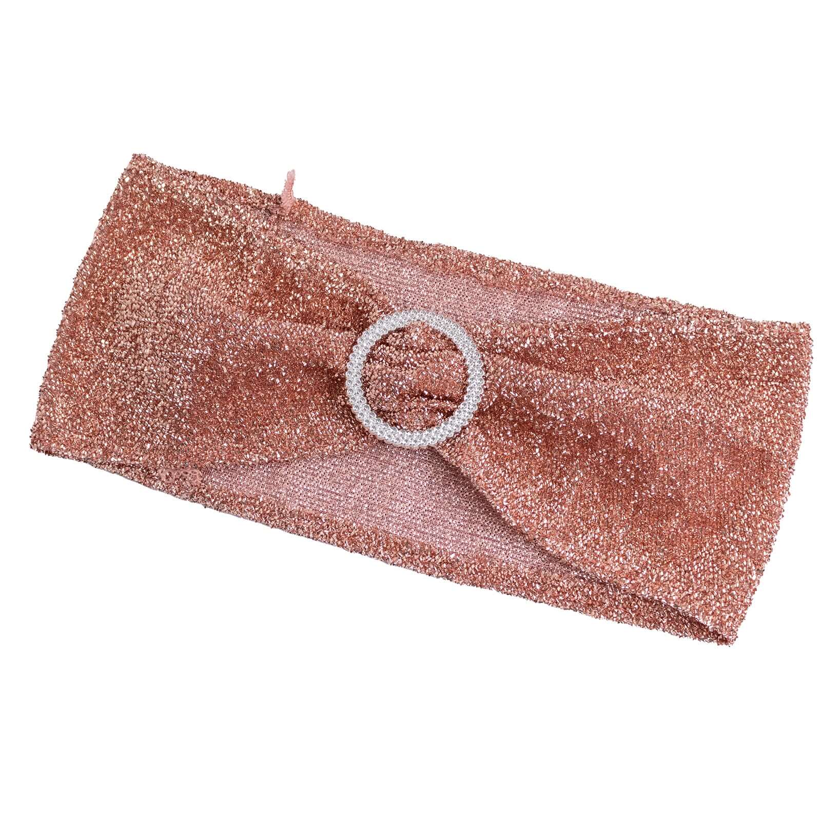 5 Pack Spandex Chair Sashes Rose Gold Shimmer Tinsel 5"x12" with Silver Rhinestone Buckles - Stylish Design - Image 7