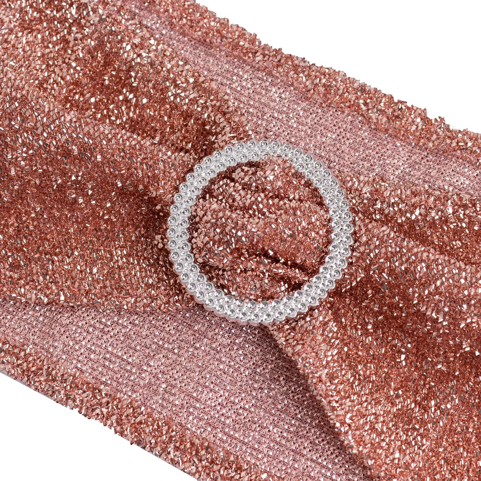 5 Pack Spandex Chair Sashes Rose Gold Shimmer Tinsel 5"x12" with Silver Rhinestone Buckles - Stylish Design - Image 8
