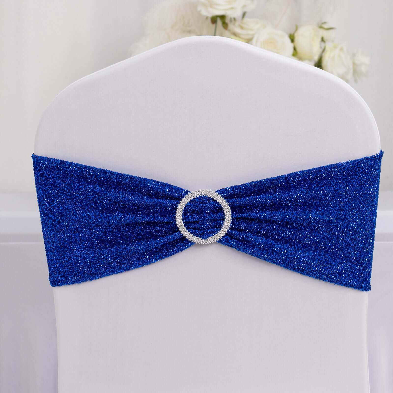 5 Pack Spandex Chair Sashes Royal Blue Shimmer Tinsel 5"x12" with Silver Rhinestone Buckles - Stylish Design - Image 3
