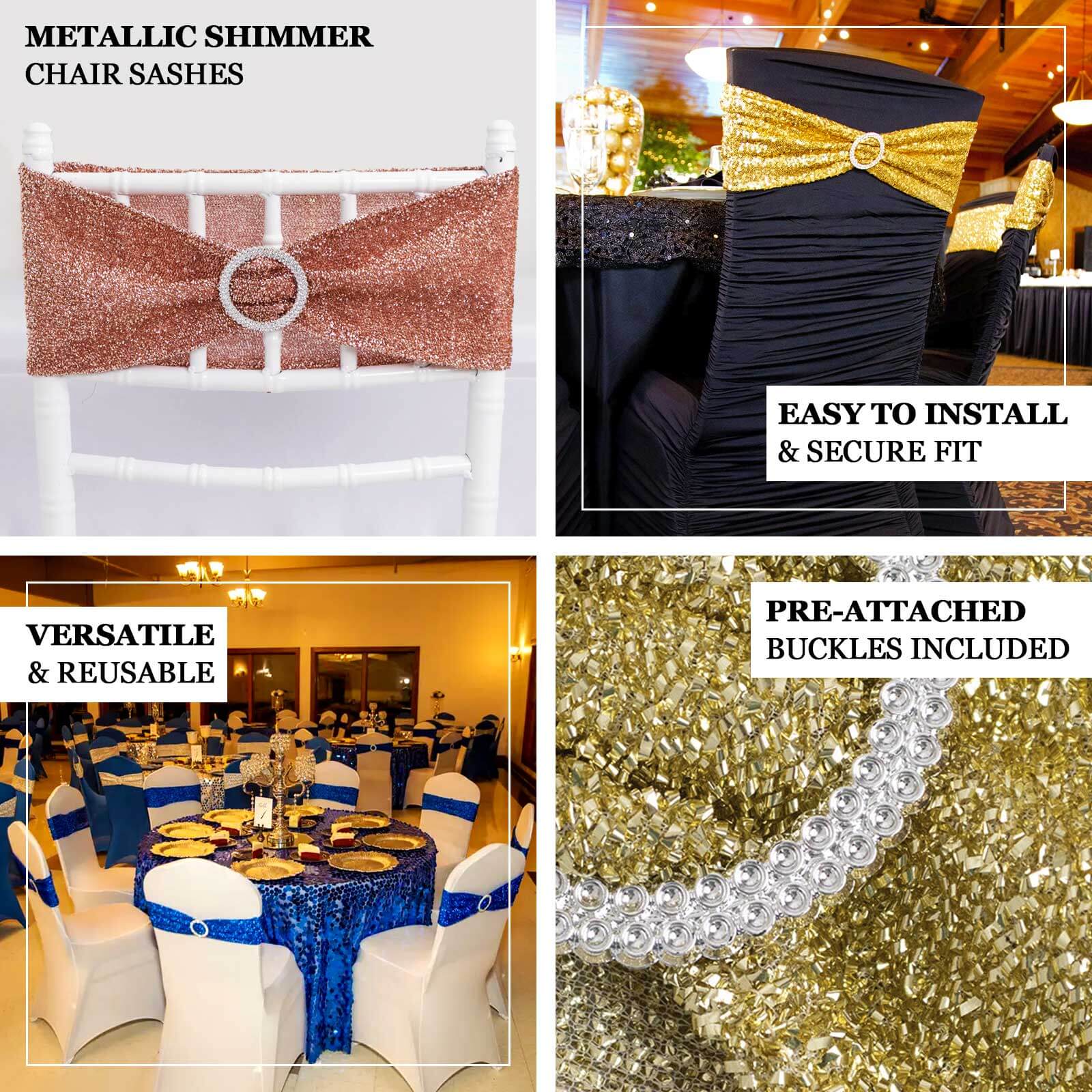 5 Pack Spandex Chair Sashes Royal Blue Shimmer Tinsel 5"x12" with Silver Rhinestone Buckles - Stylish Design - Image 4