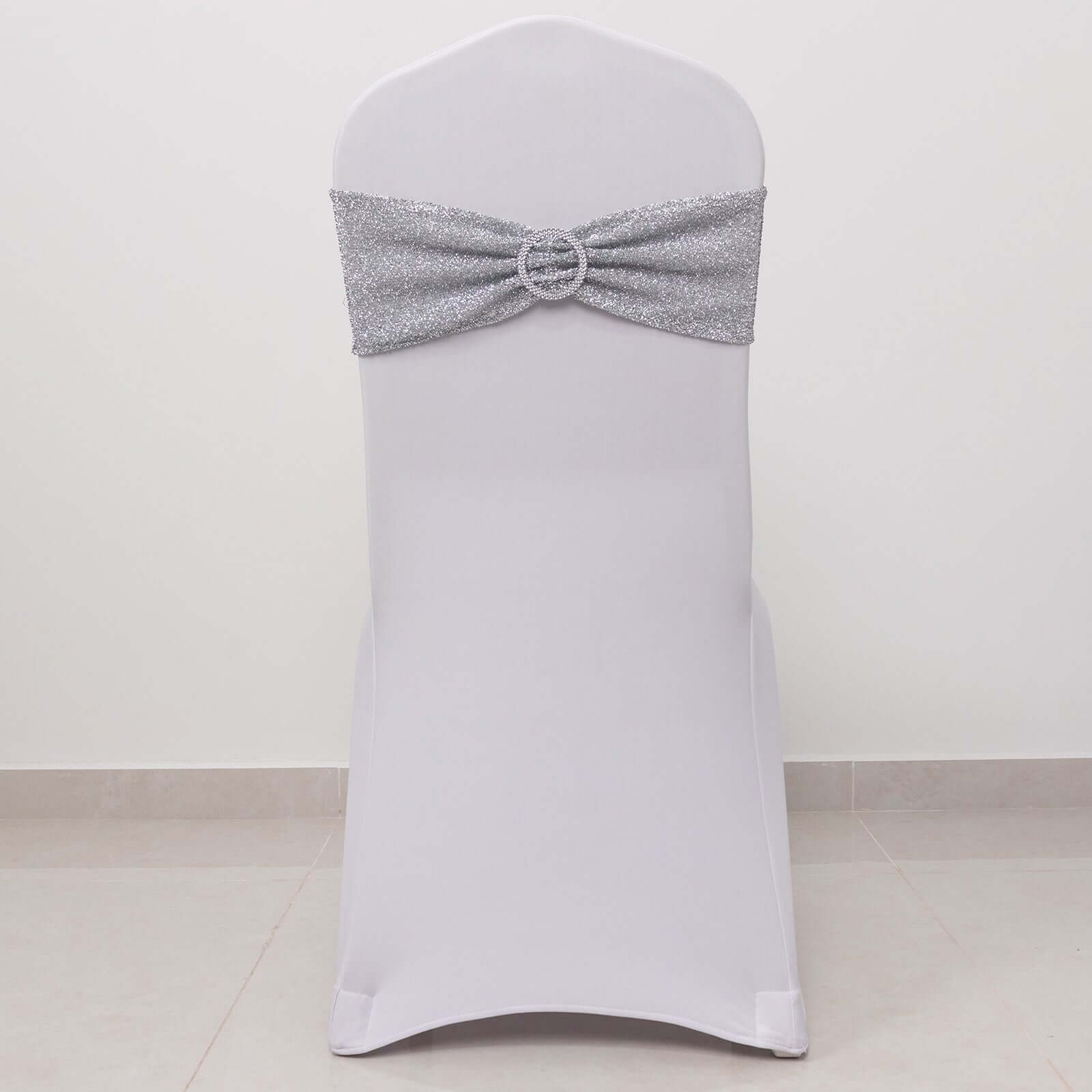 5 Pack Spandex Chair Sashes Silver Shimmer Tinsel 5"x12" with Silver Rhinestone Buckles - Stylish Design - Image 2