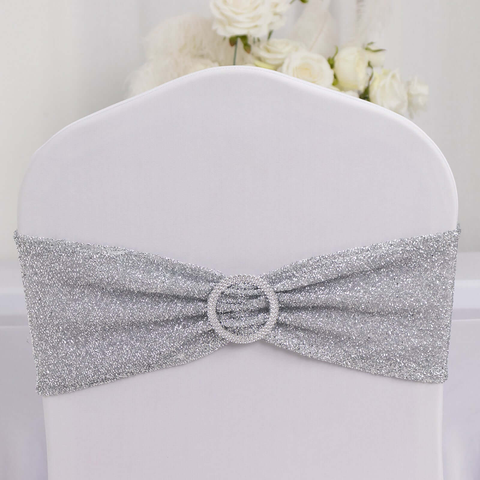 5 Pack Spandex Chair Sashes Silver Shimmer Tinsel 5"x12" with Silver Rhinestone Buckles - Stylish Design - Image 3