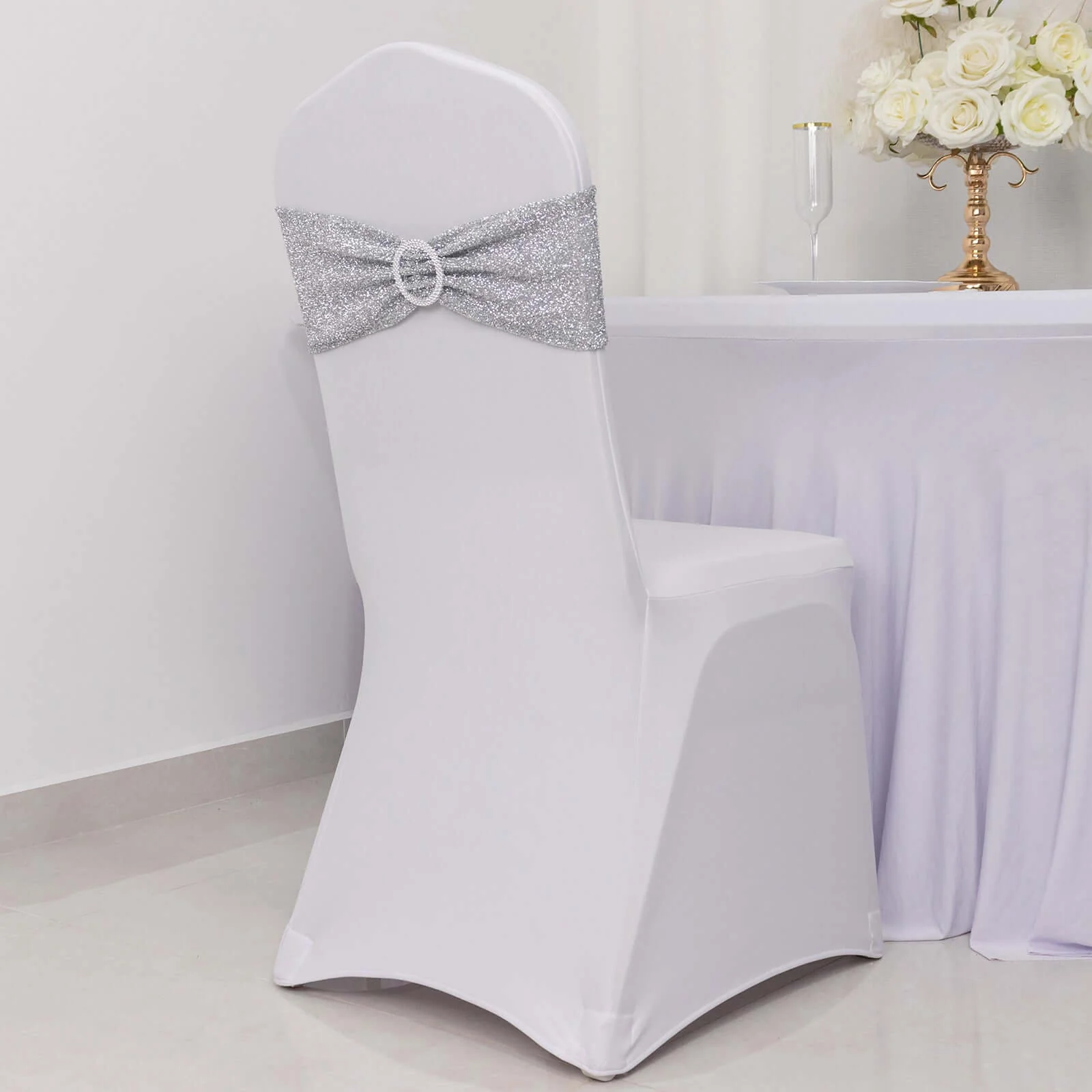5 Pack Spandex Chair Sashes Silver Shimmer Tinsel 5"x12" with Silver Rhinestone Buckles - Stylish Design - Image 5