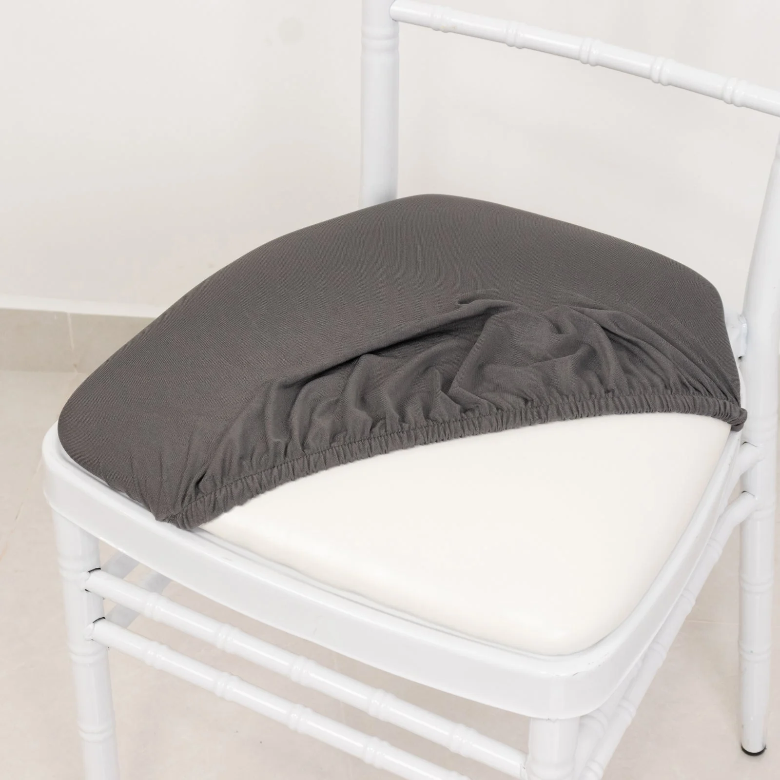 5 Pack Spandex Chiavari Chair Cushion Covers Charcoal Gray - Washable Stretch Fitted Seat Pad Slipcovers for Dining Chairs - Image 2