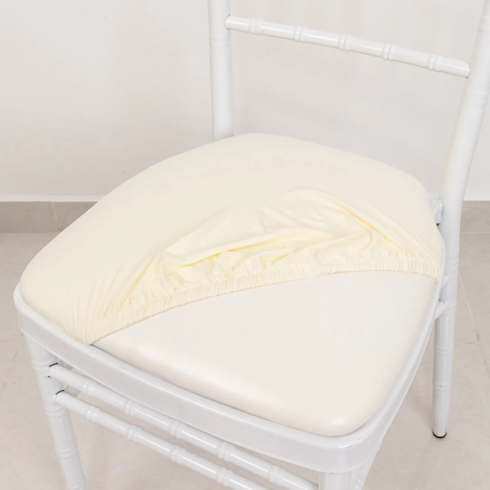 5 Pack Spandex Chiavari Chair Cushion Covers Ivory - Washable Stretch Fitted Seat Pad Slipcovers for Dining Chairs - Image 2