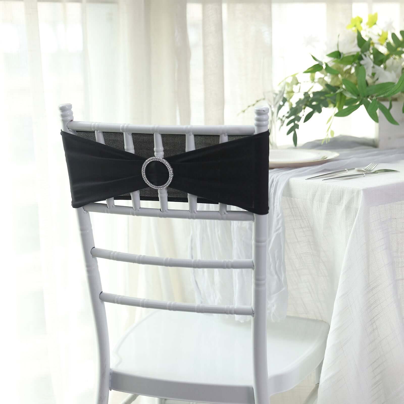 5 Pack Stretch Spandex Chair Sashes 5"x14" Black with Silver Diamond Ring Slide Buckle - Durable Fitted Chair Bands - Image 10