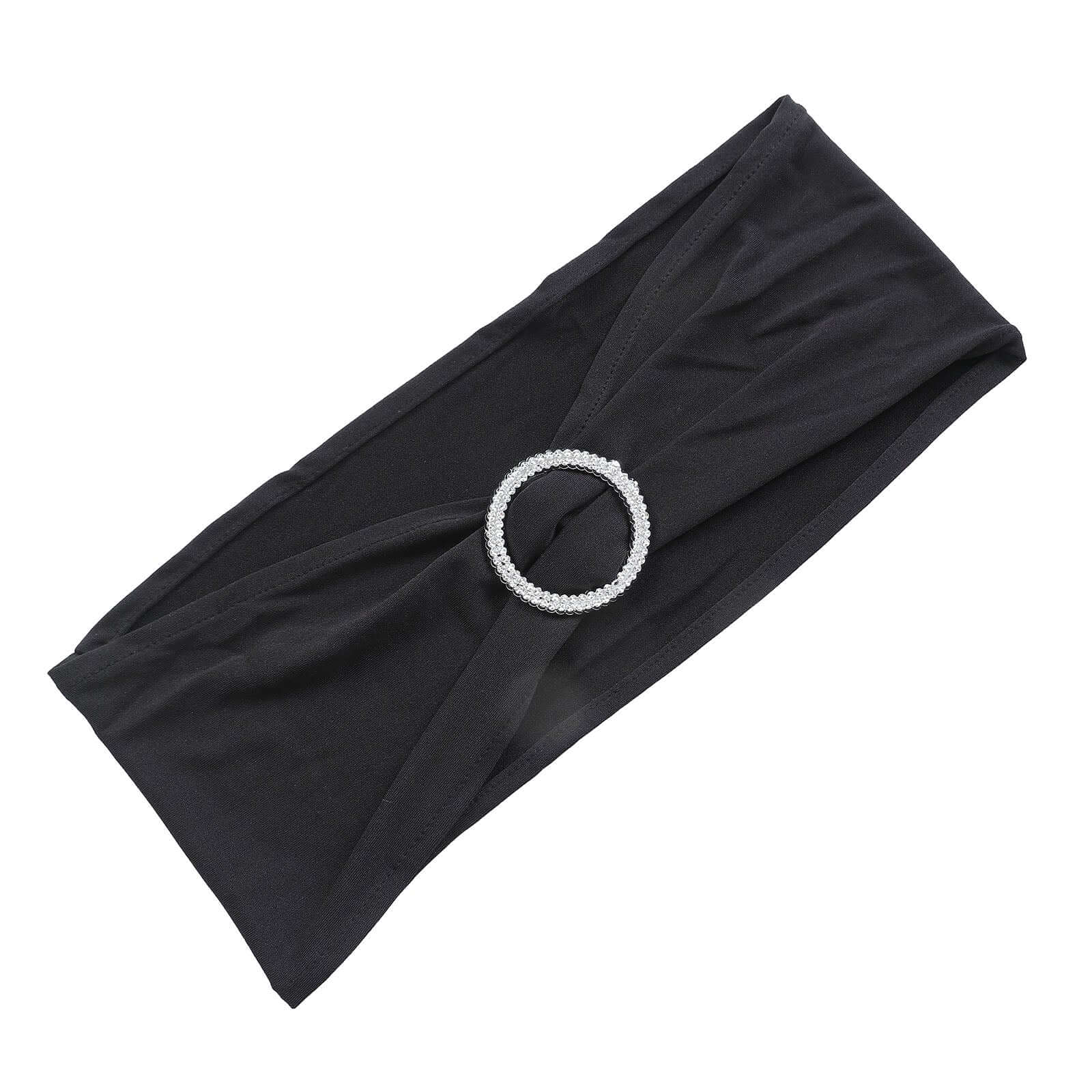 5 Pack Stretch Spandex Chair Sashes 5"x14" Black with Silver Diamond Ring Slide Buckle - Durable Fitted Chair Bands - Image 6