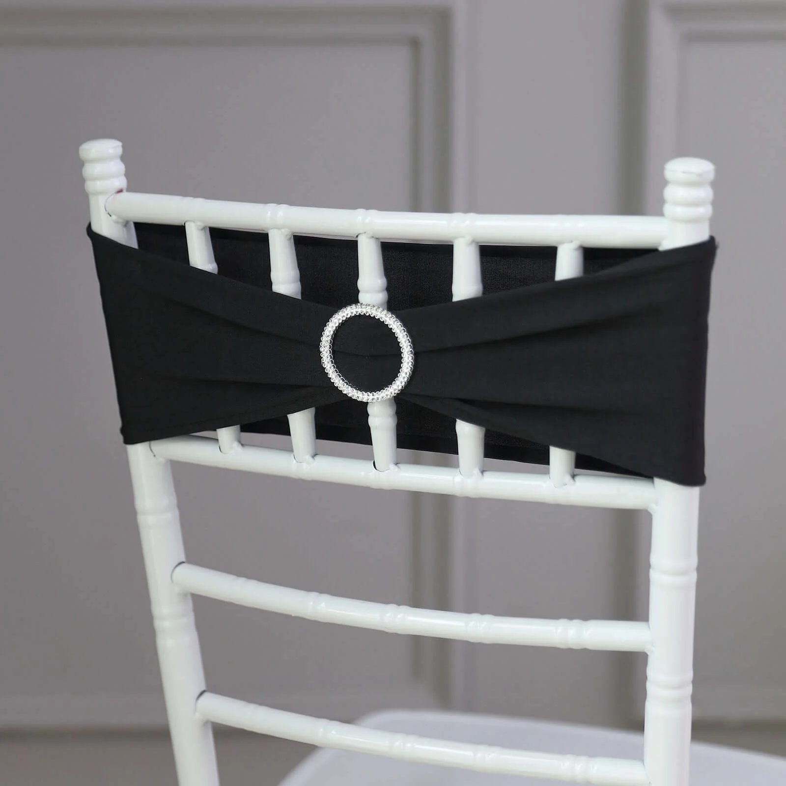5 Pack Stretch Spandex Chair Sashes 5"x14" Black with Silver Diamond Ring Slide Buckle - Durable Fitted Chair Bands - Image 8