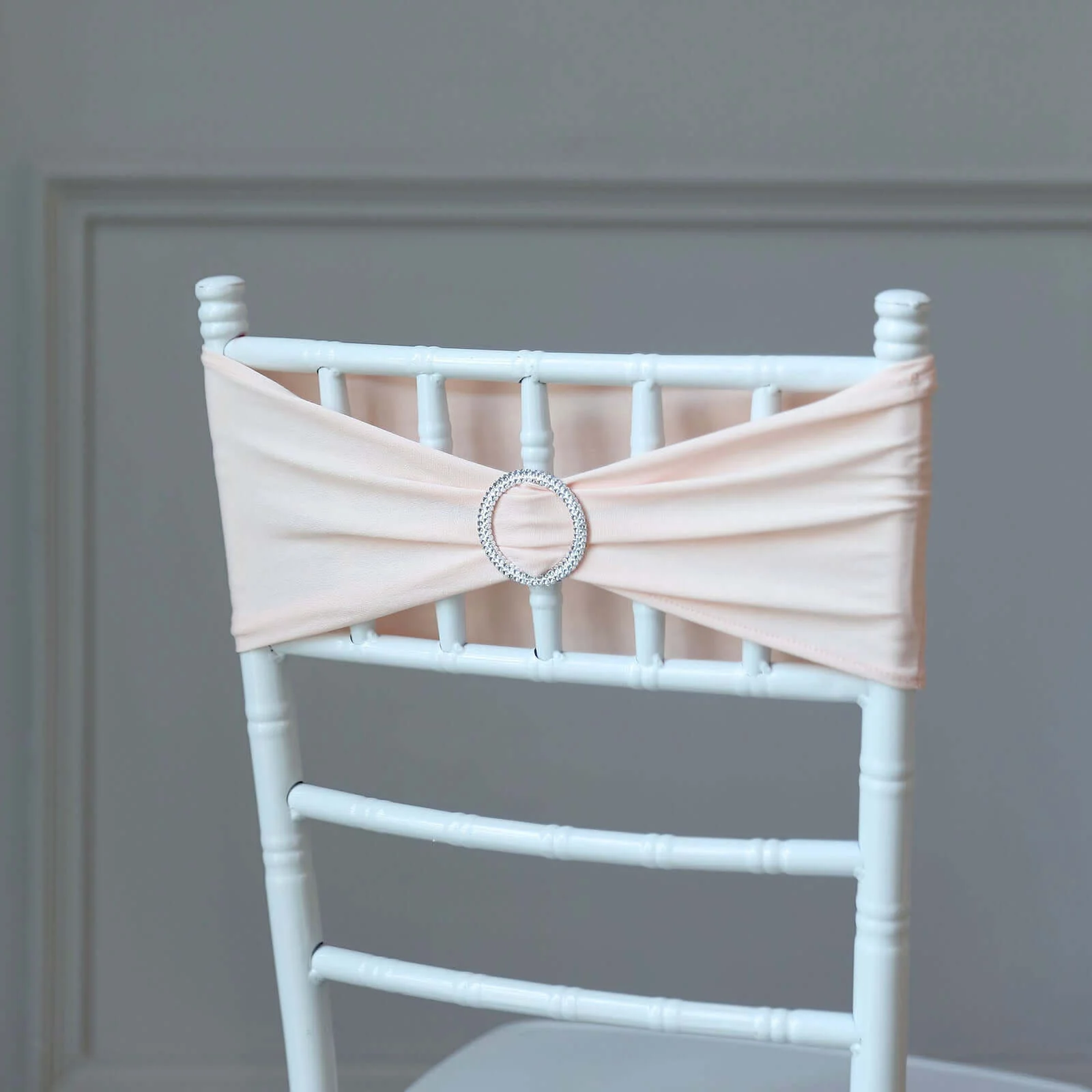 5 Pack Stretch Spandex Chair Sashes 5"x14" Blush with Silver Diamond Ring Slide Buckle - Durable Fitted Chair Bands - Image 2