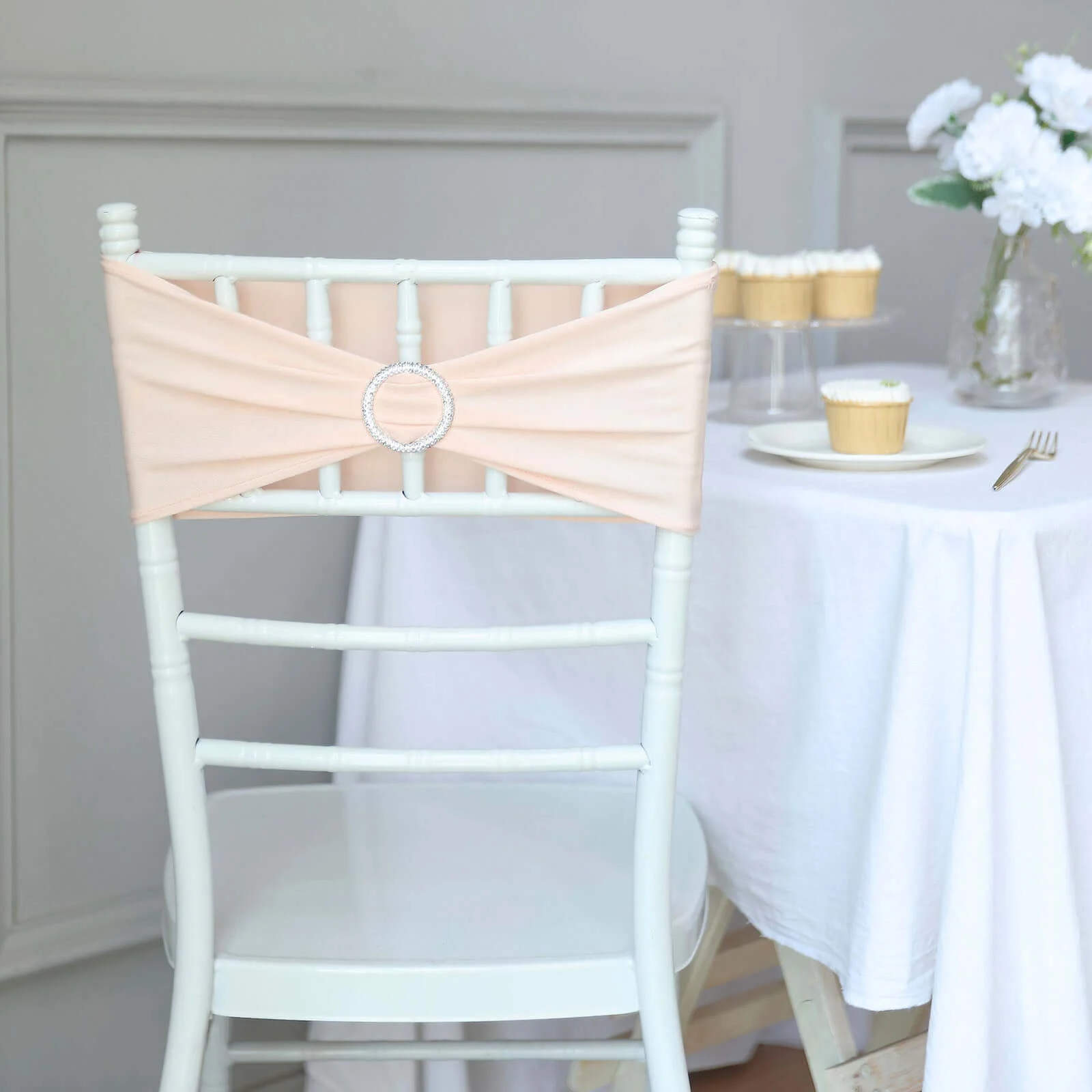 5 Pack Stretch Spandex Chair Sashes 5"x14" Blush with Silver Diamond Ring Slide Buckle - Durable Fitted Chair Bands - Image 6
