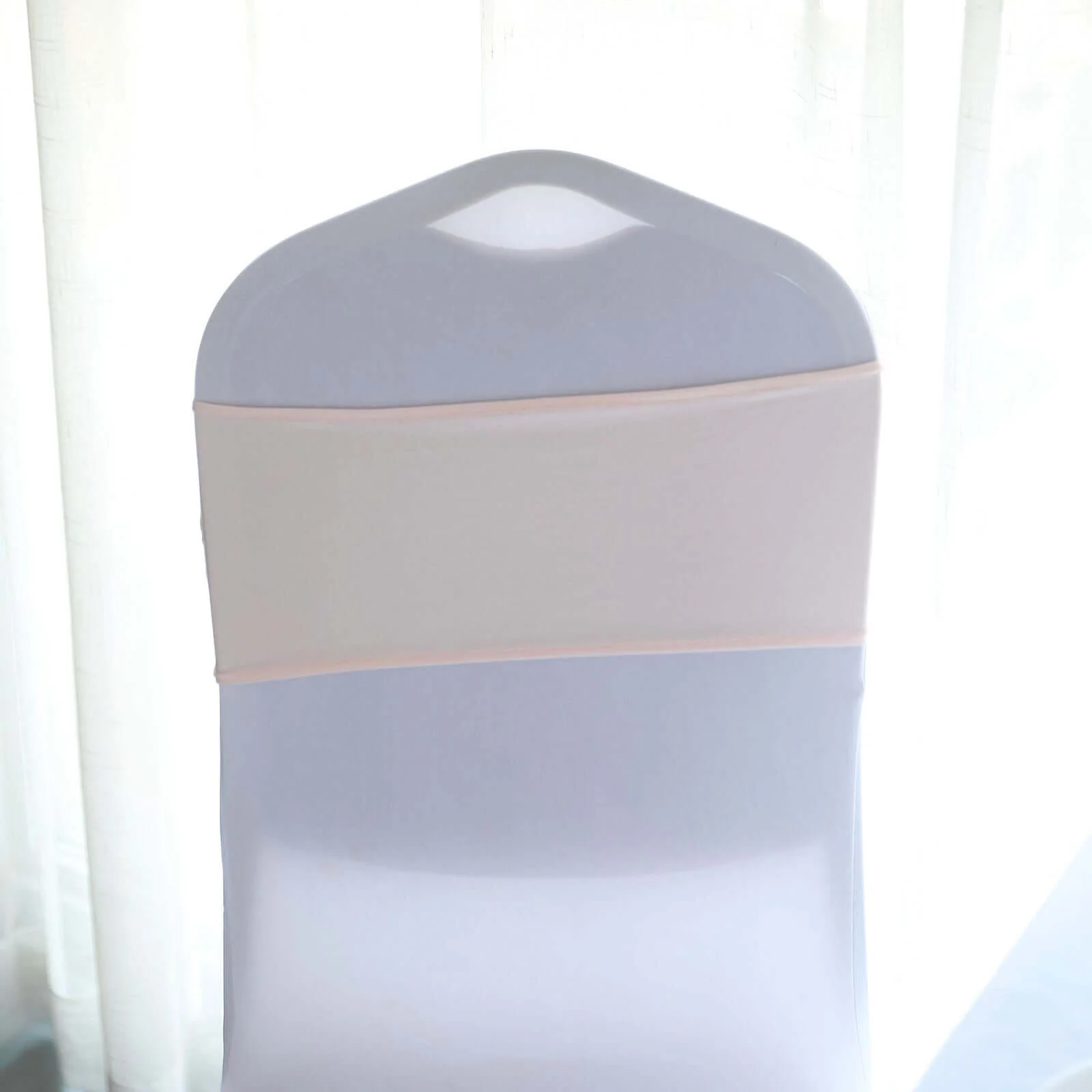 5 Pack Stretch Spandex Chair Sashes 5"x14" Blush with Silver Diamond Ring Slide Buckle - Durable Fitted Chair Bands - Image 7