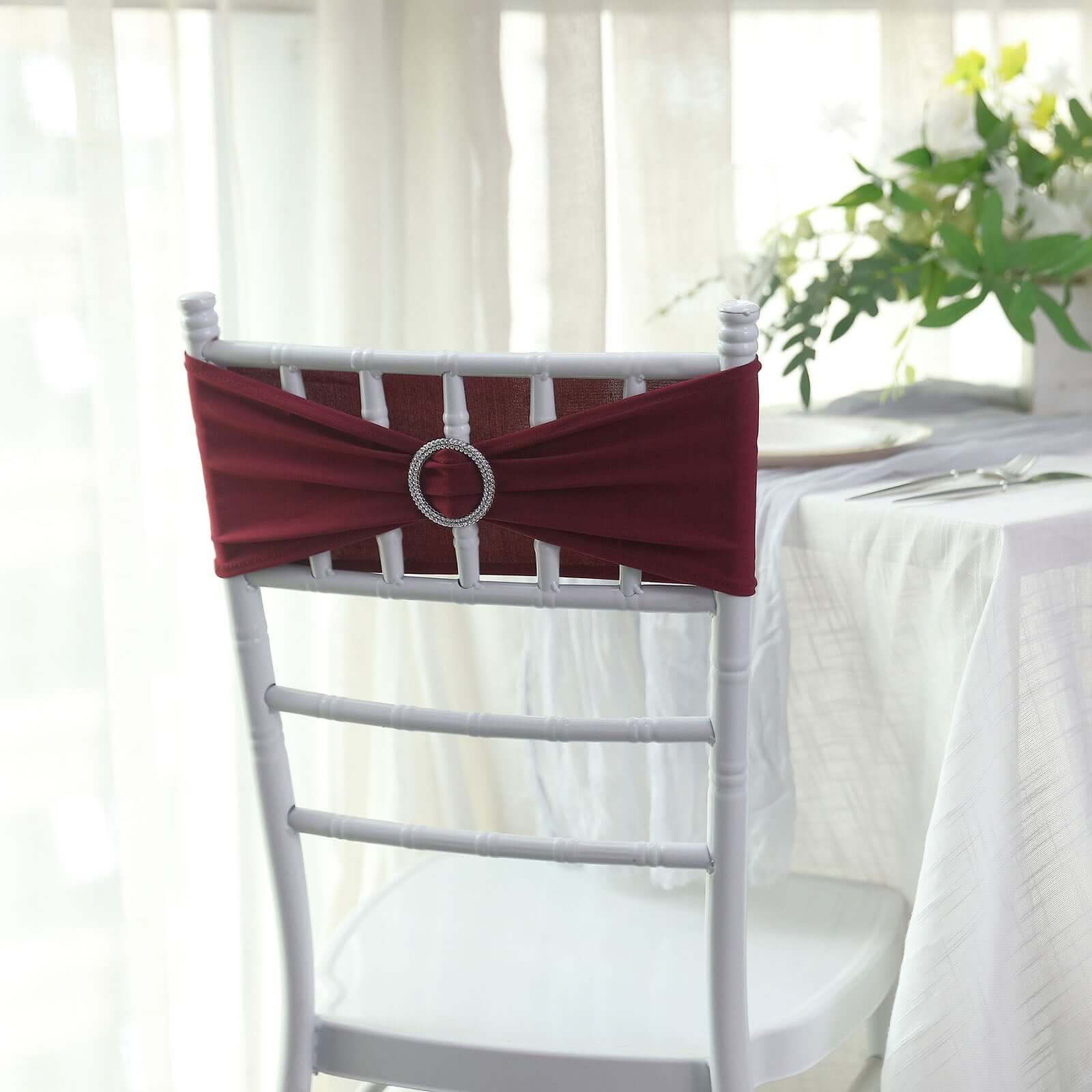 5 Pack Stretch Spandex Chair Sashes 5"x14" Burgundy with Silver Diamond Ring Slide Buckle - Durable Fitted Chair Bands - Image 11