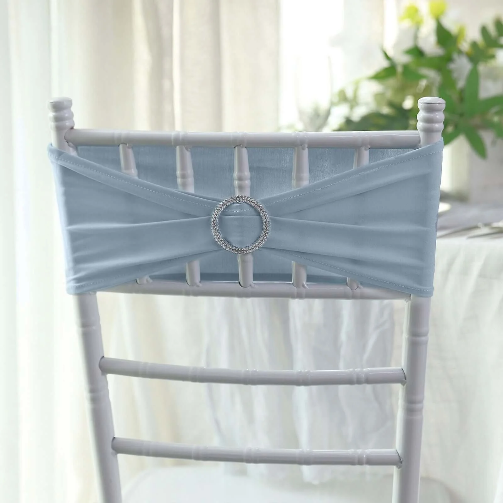 5 Pack Stretch Spandex Chair Sashes 5"x14" Dusty Blue with Silver Diamond Ring Slide Buckle - Durable Fitted Chair Bands - Image 17
