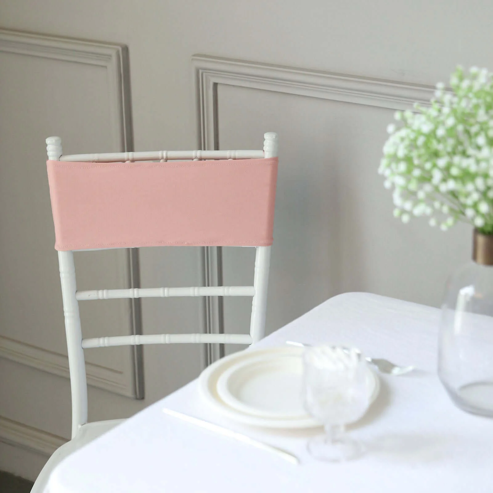 5 Pack Stretch Spandex Chair Sashes 5"x14" Dusty Rose with Silver Diamond Ring Slide Buckle - Durable Fitted Chair Bands - Image 2