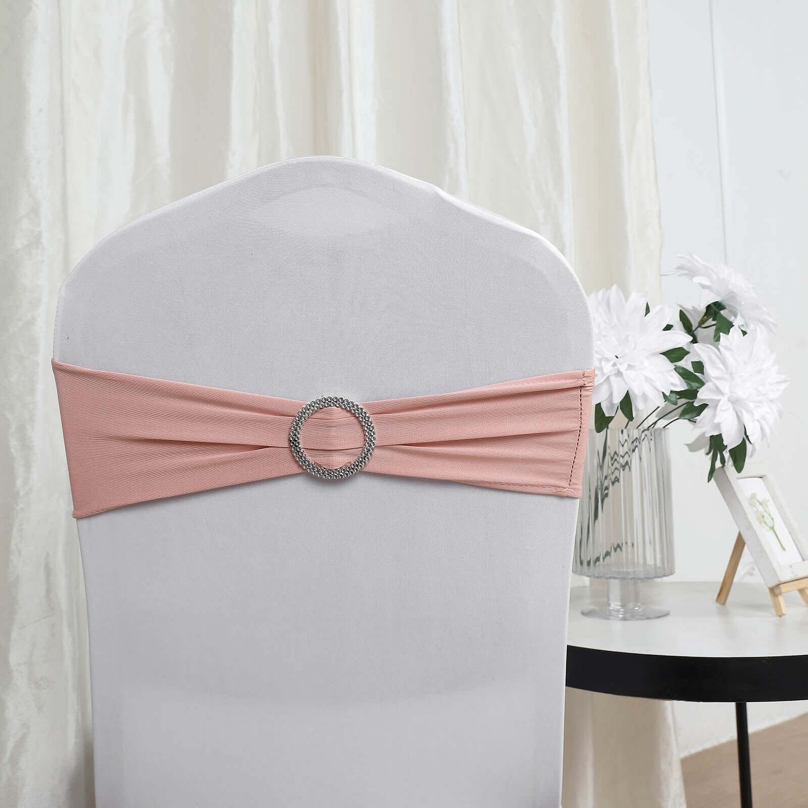 5 Pack Stretch Spandex Chair Sashes 5"x14" Dusty Rose with Silver Diamond Ring Slide Buckle - Durable Fitted Chair Bands - Image 9