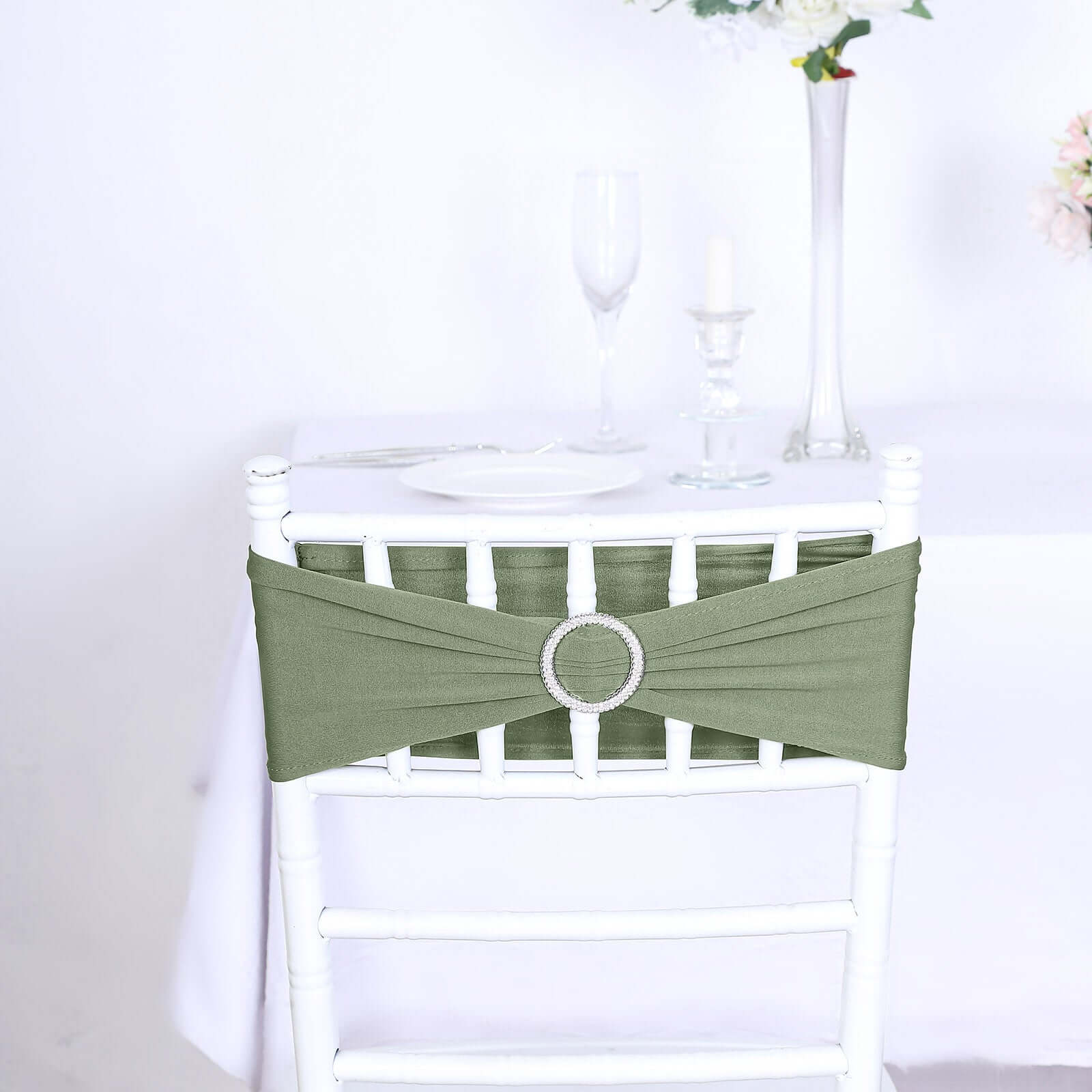 5 Pack Stretch Spandex Chair Sashes 5"x14" Dusty Sage Green with Silver Diamond Ring Slide Buckle - Durable Fitted Chair Bands - Image 7